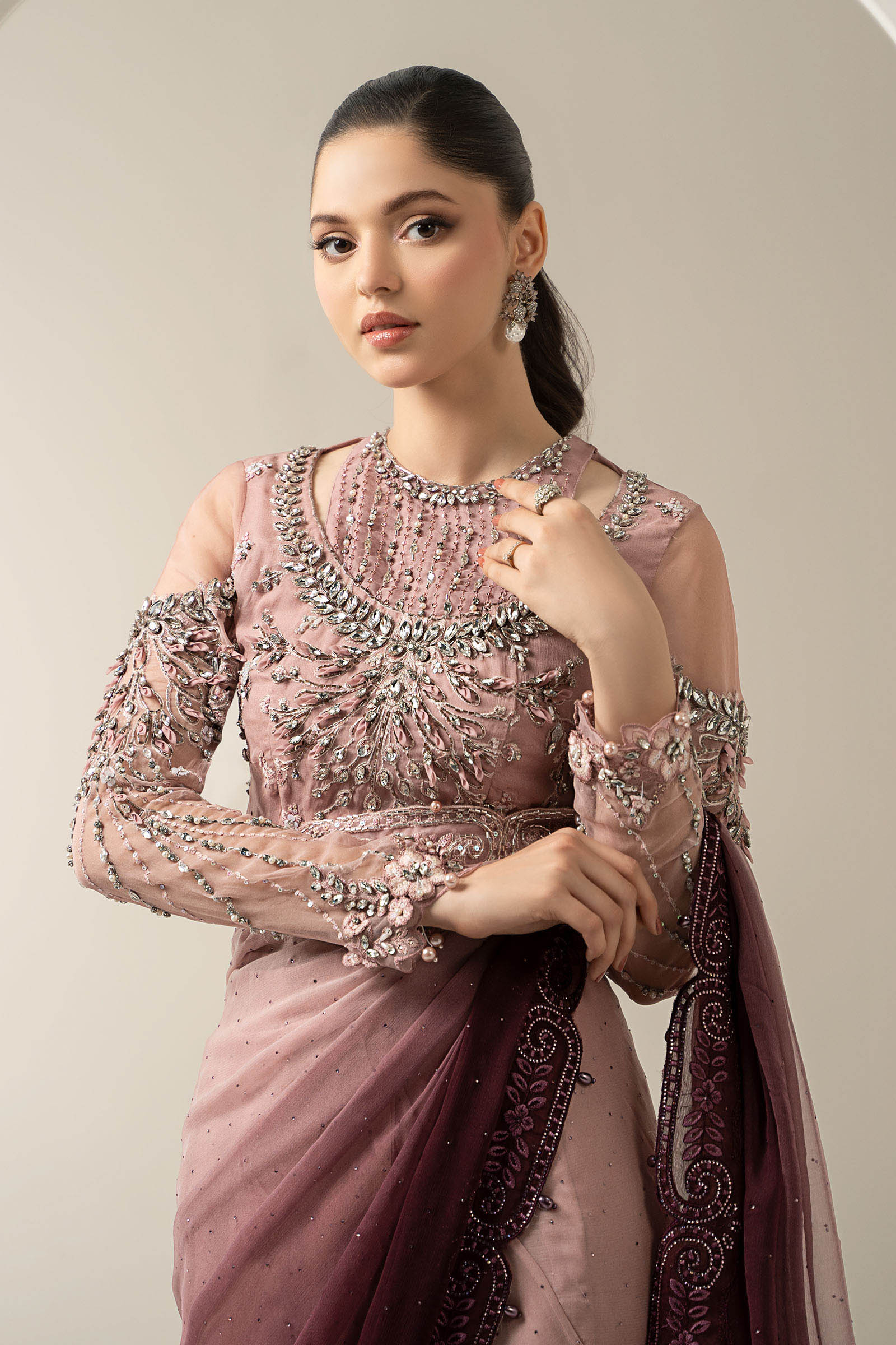 Tea Pink Hand-Embellished Chiffon Saree (3-Piece) - Image 2