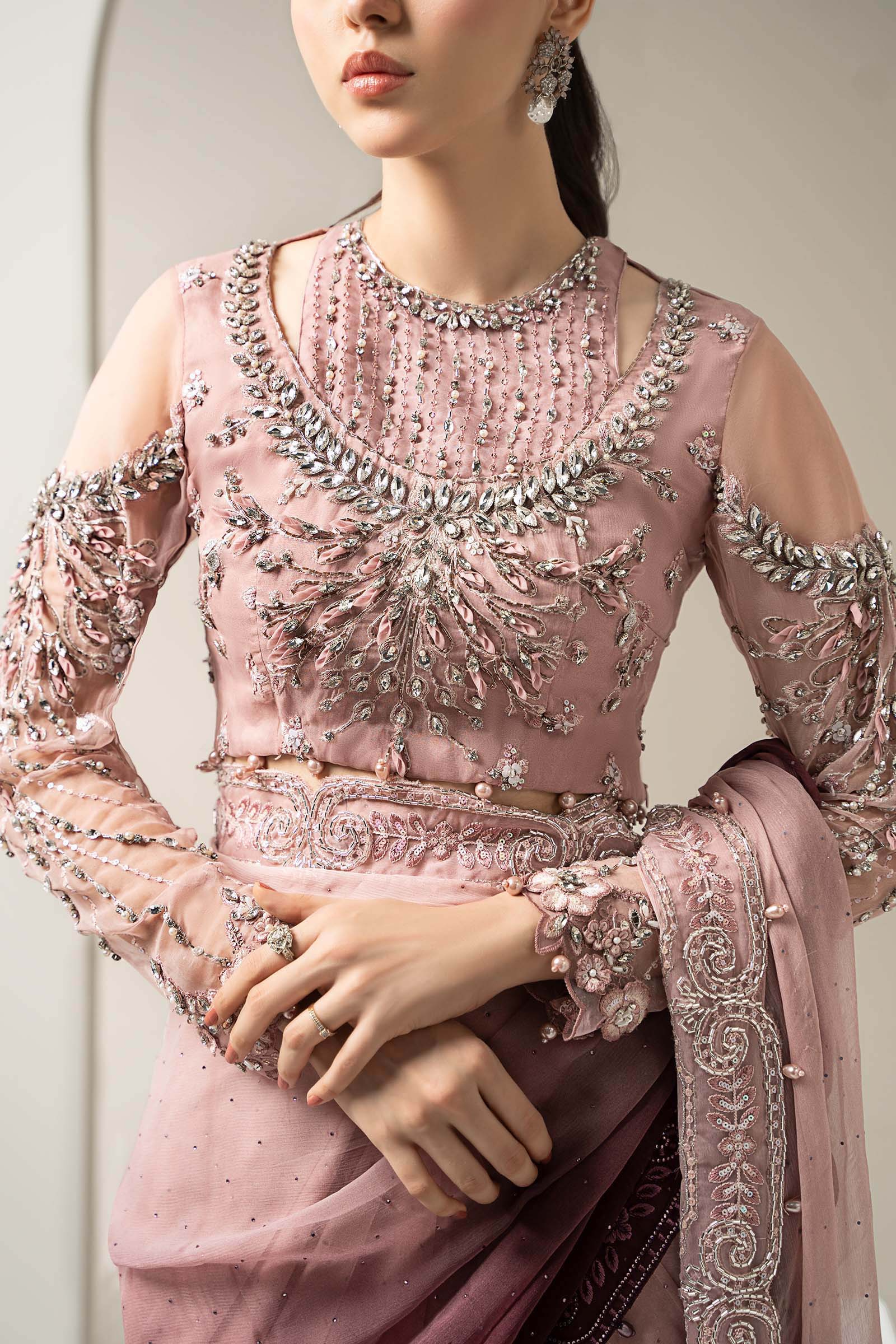 Tea Pink Hand-Embellished Chiffon Saree (3-Piece) - Image 4