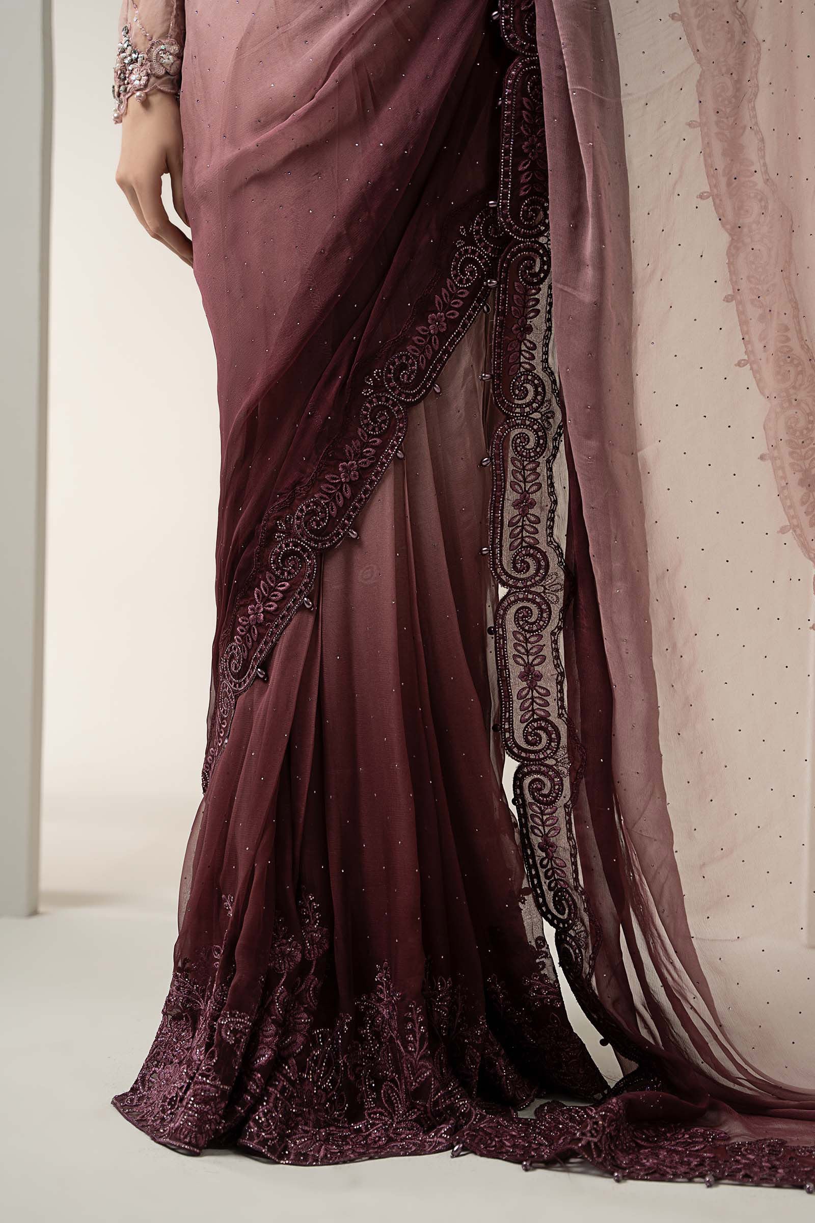 Tea Pink Hand-Embellished Chiffon Saree (3-Piece) - Image 7