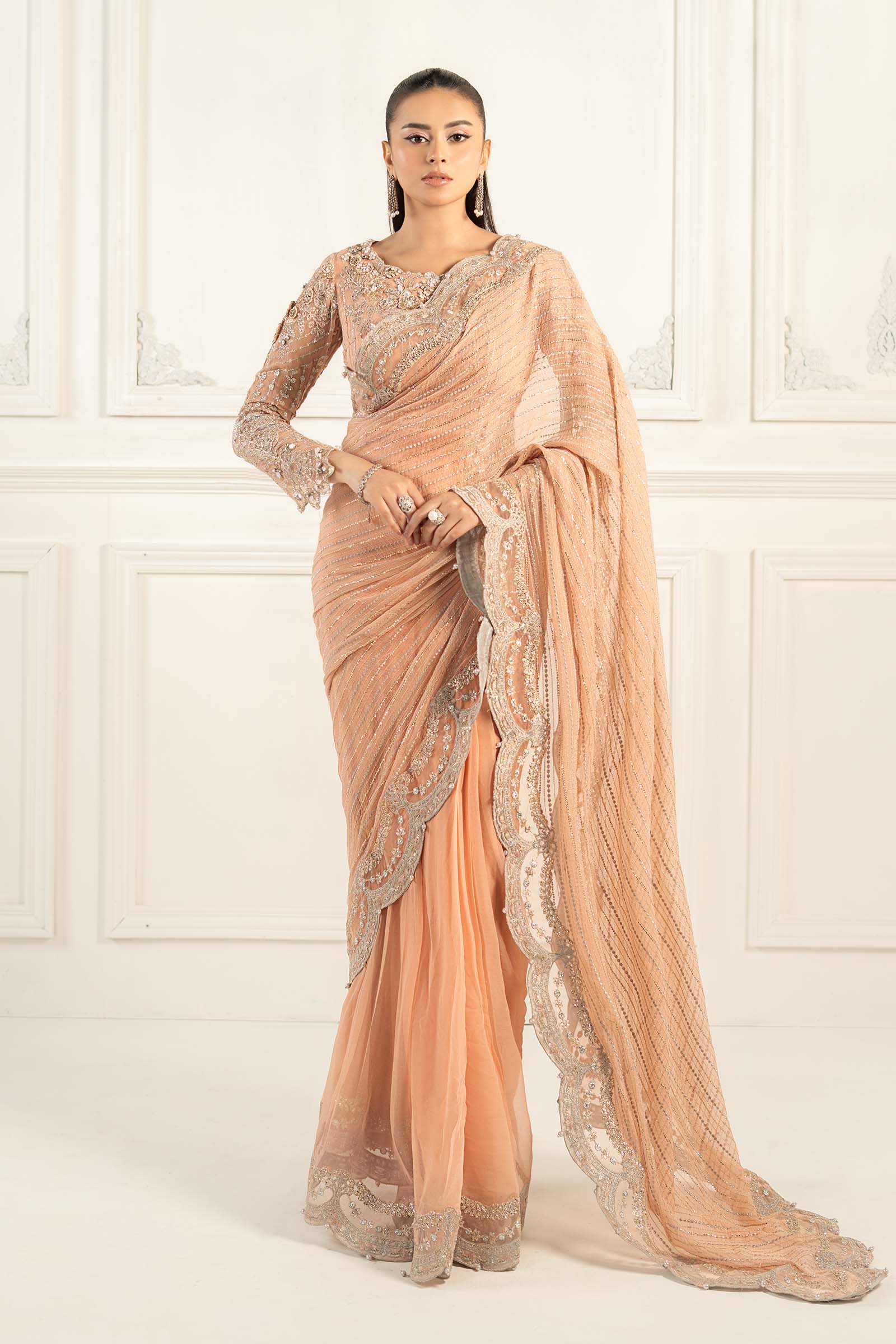 Pakistani Peach Embroidered Chiffon Saree (2-Piece) - Image 10