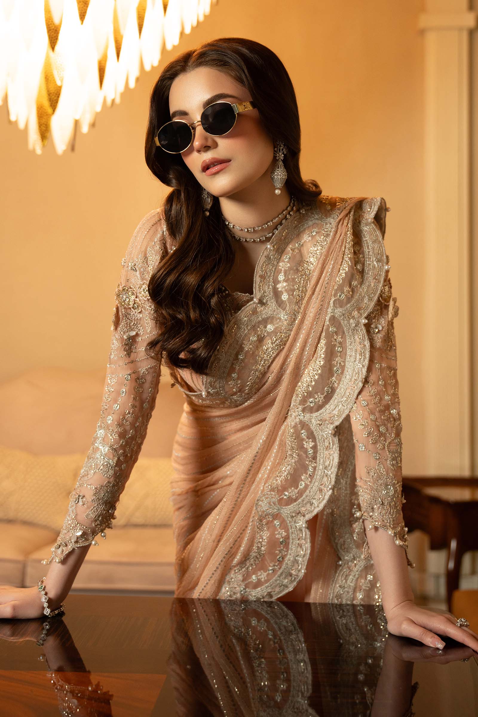 Pakistani Peach Embroidered Chiffon Saree (2-Piece) - Image 4