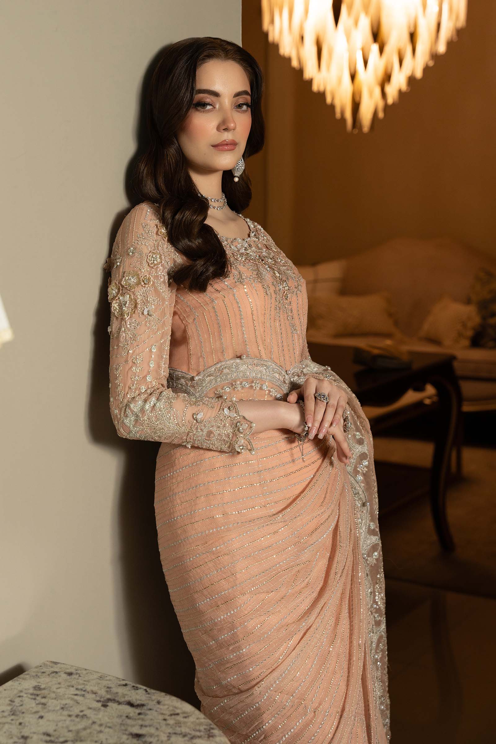 Pakistani Peach Embroidered Chiffon Saree (2-Piece) - Image 5