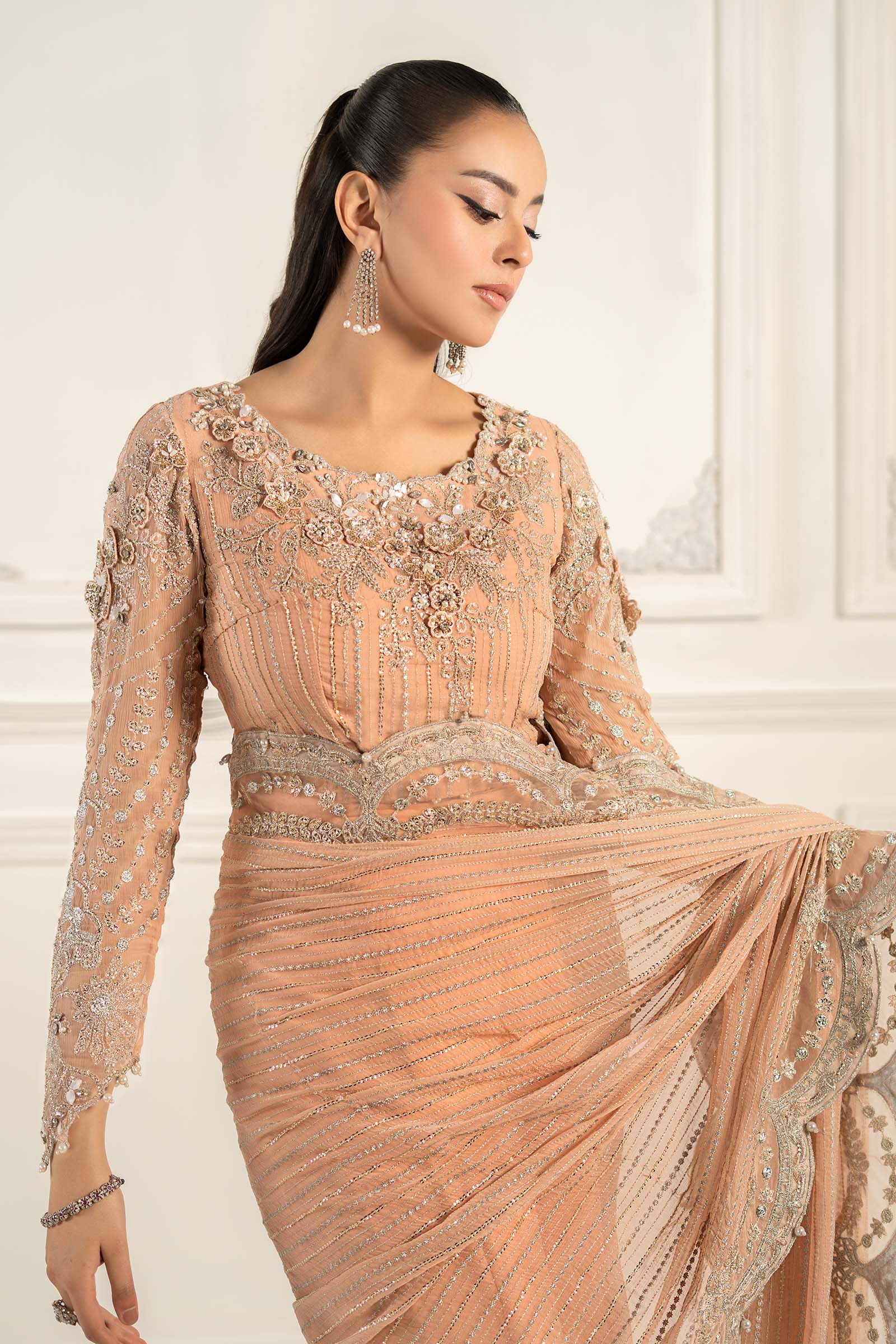 Pakistani Peach Embroidered Chiffon Saree (2-Piece) - Image 7