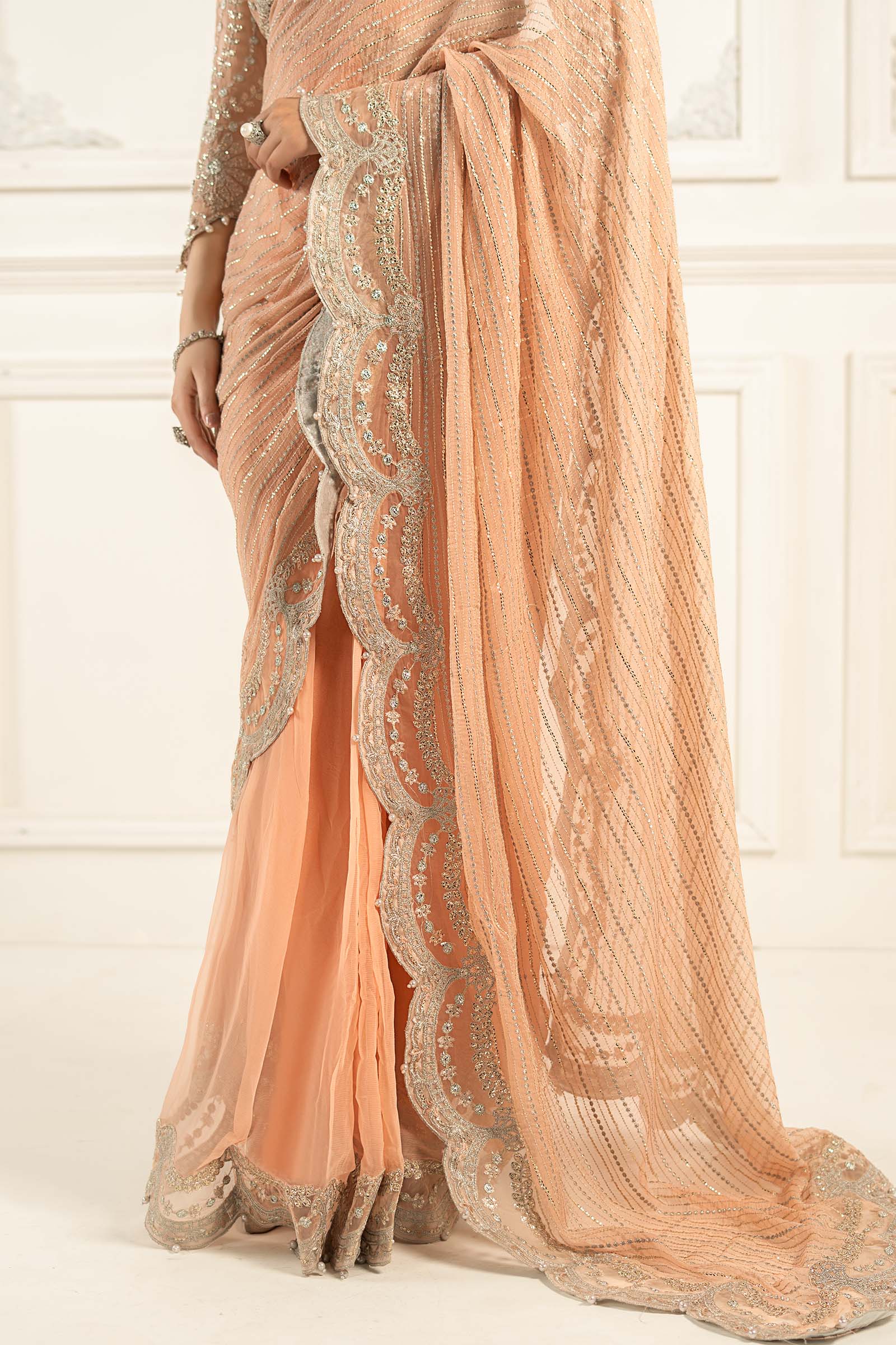 Pakistani Peach Embroidered Chiffon Saree (2-Piece) - Image 9