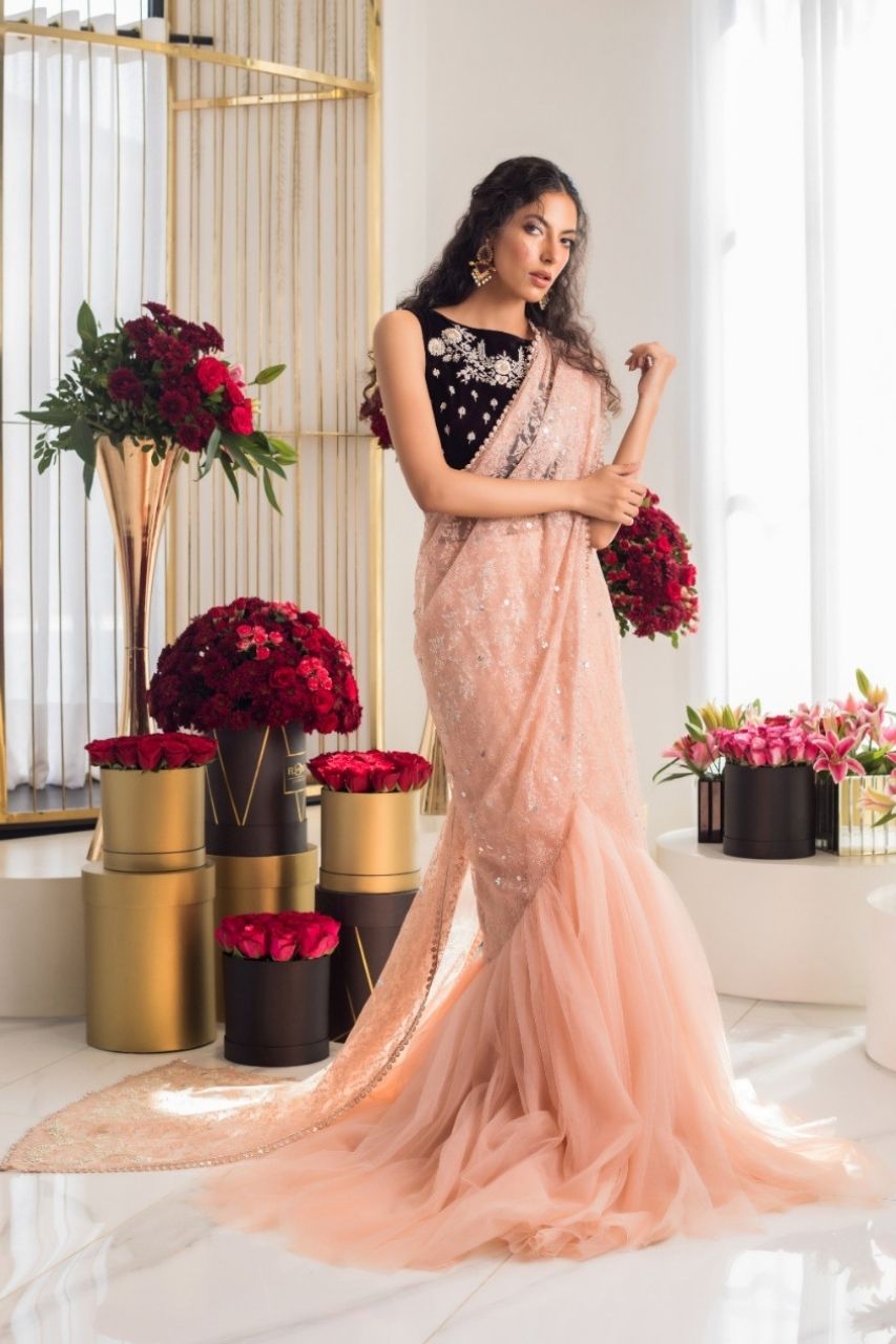 Pakistani Blush Pink Embroidered French Net Saree (2-Piece) - Image 1