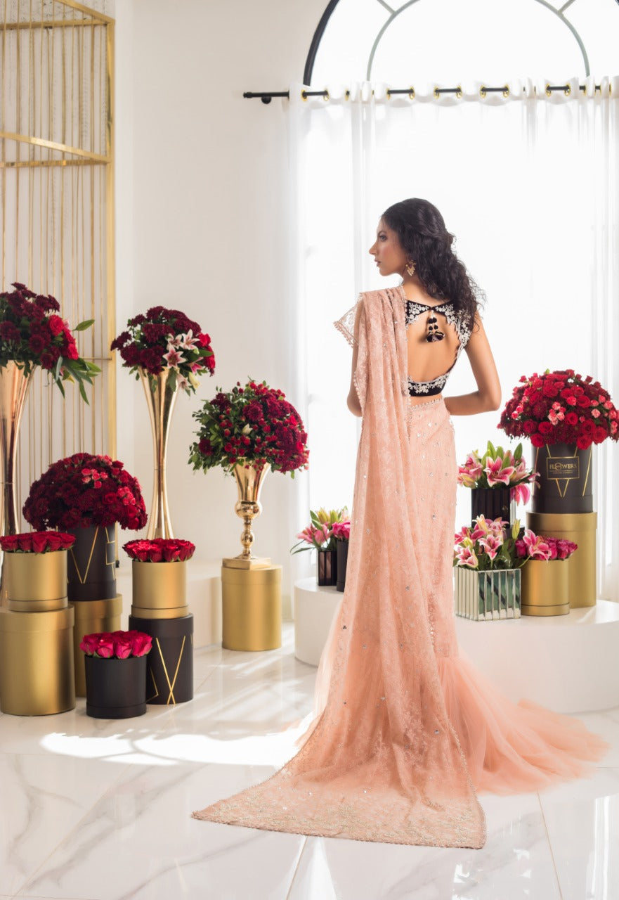 Pakistani Blush Pink Embroidered French Net Saree (2-Piece) - Image 2