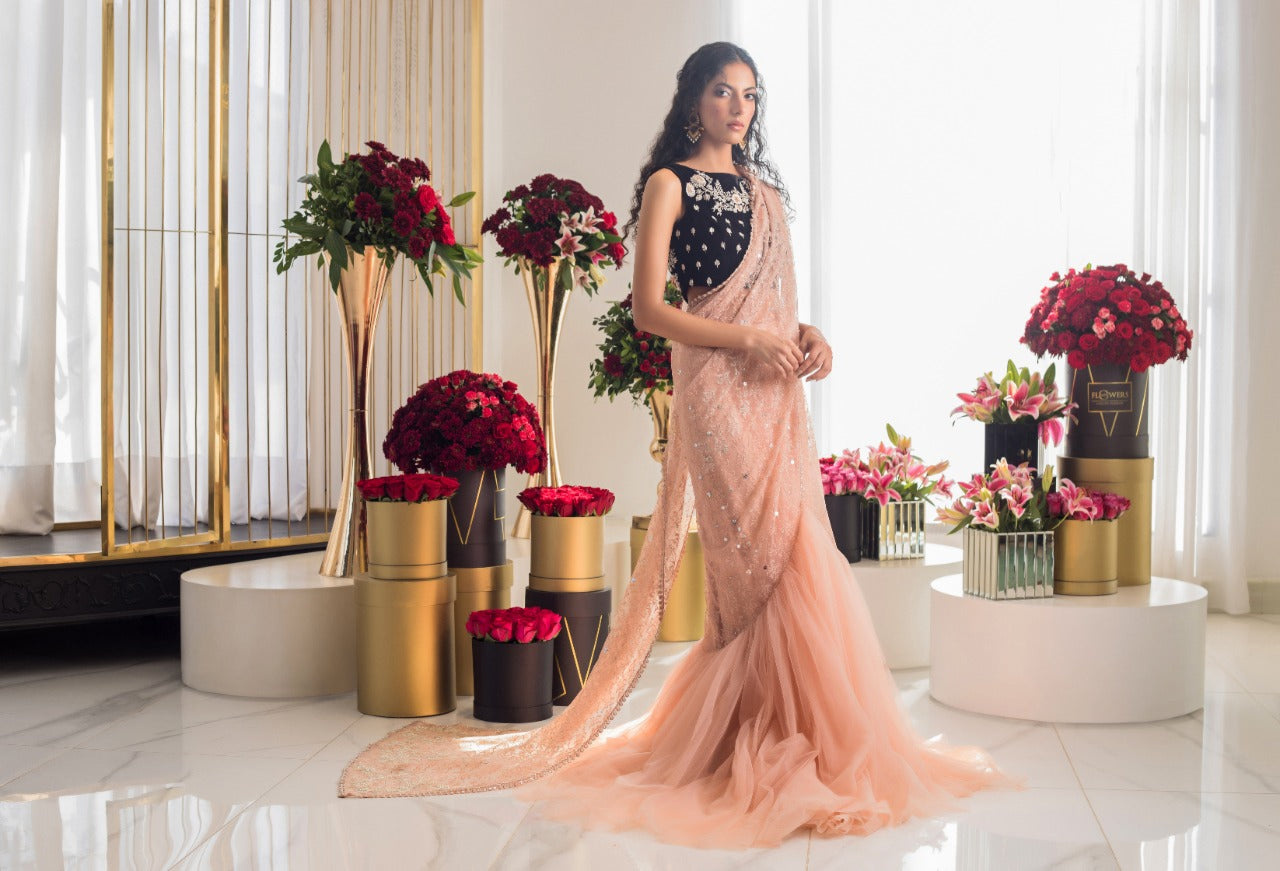 Pakistani Blush Pink Embroidered French Net Saree (2-Piece) - Image 3