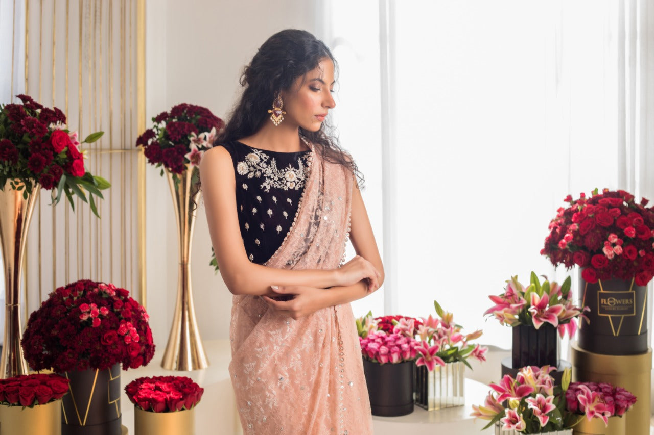 Pakistani Blush Pink Embroidered French Net Saree (2-Piece) - Image 4