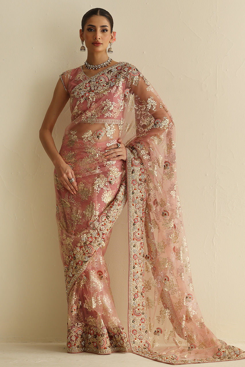 Pakistani Blush Pink Embellished French Net Sari (2-Piece) - Image 1