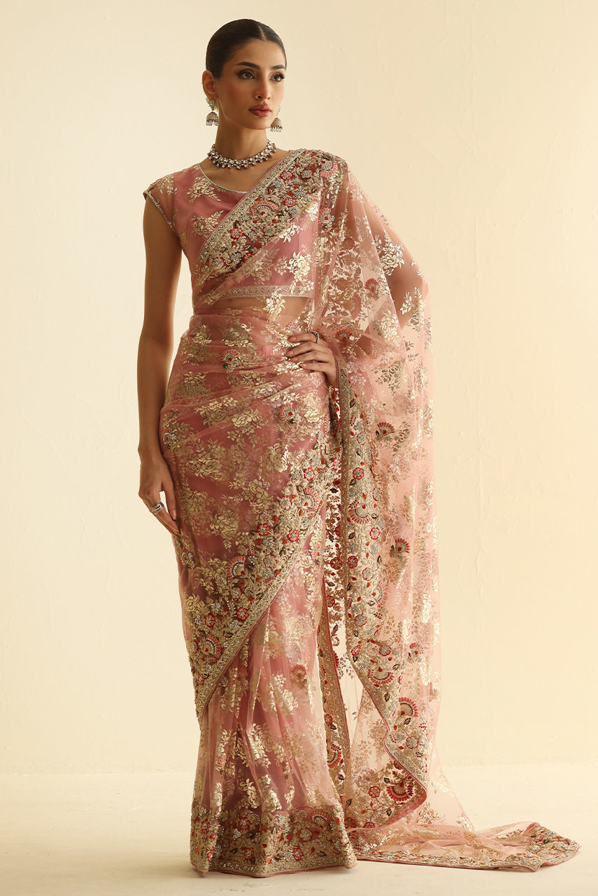 Pakistani Blush Pink Embellished French Net Sari (2-Piece) - Image 2