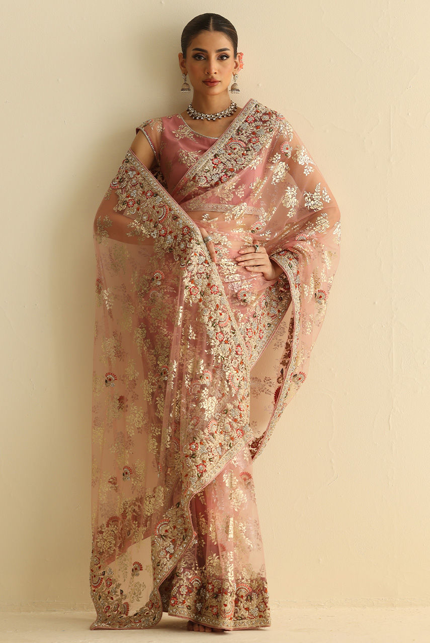 Pakistani Blush Pink Embellished French Net Sari (2-Piece) - Image 3