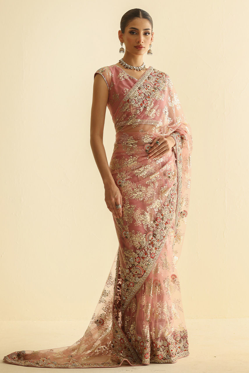 Pakistani Blush Pink Embellished French Net Sari (2-Piece) - Image 4