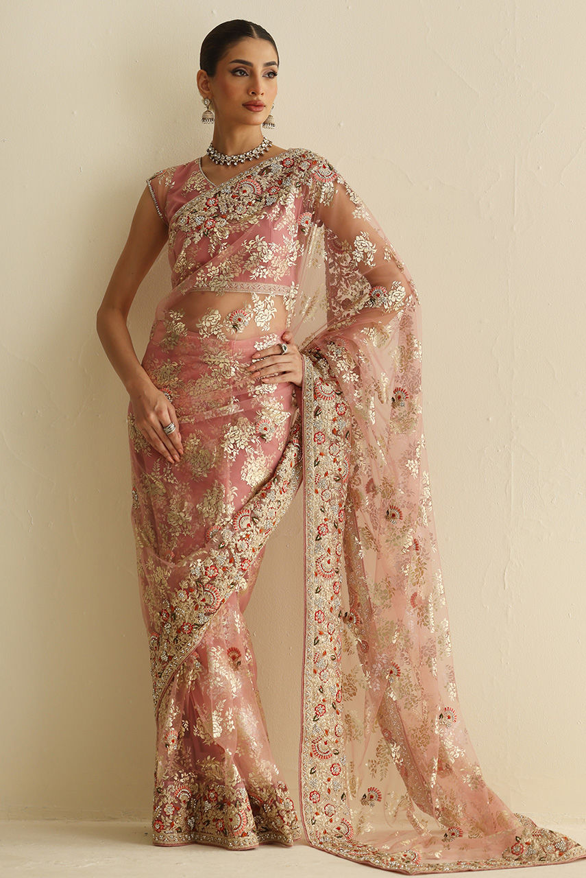 Pakistani Blush Pink Embellished French Net Sari (2-Piece) - Image 5