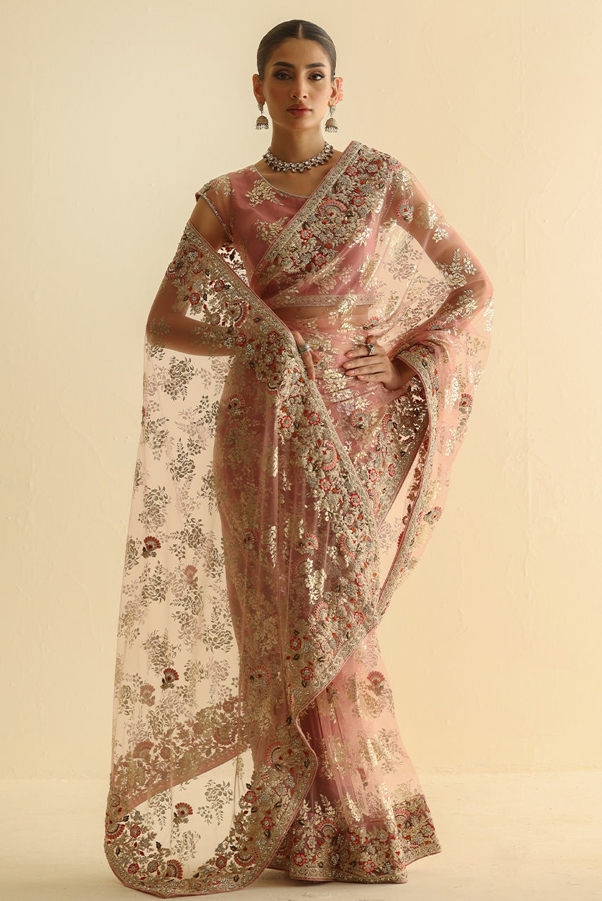 Pakistani Blush Pink Embellished French Net Sari (2-Piece) - Image 6