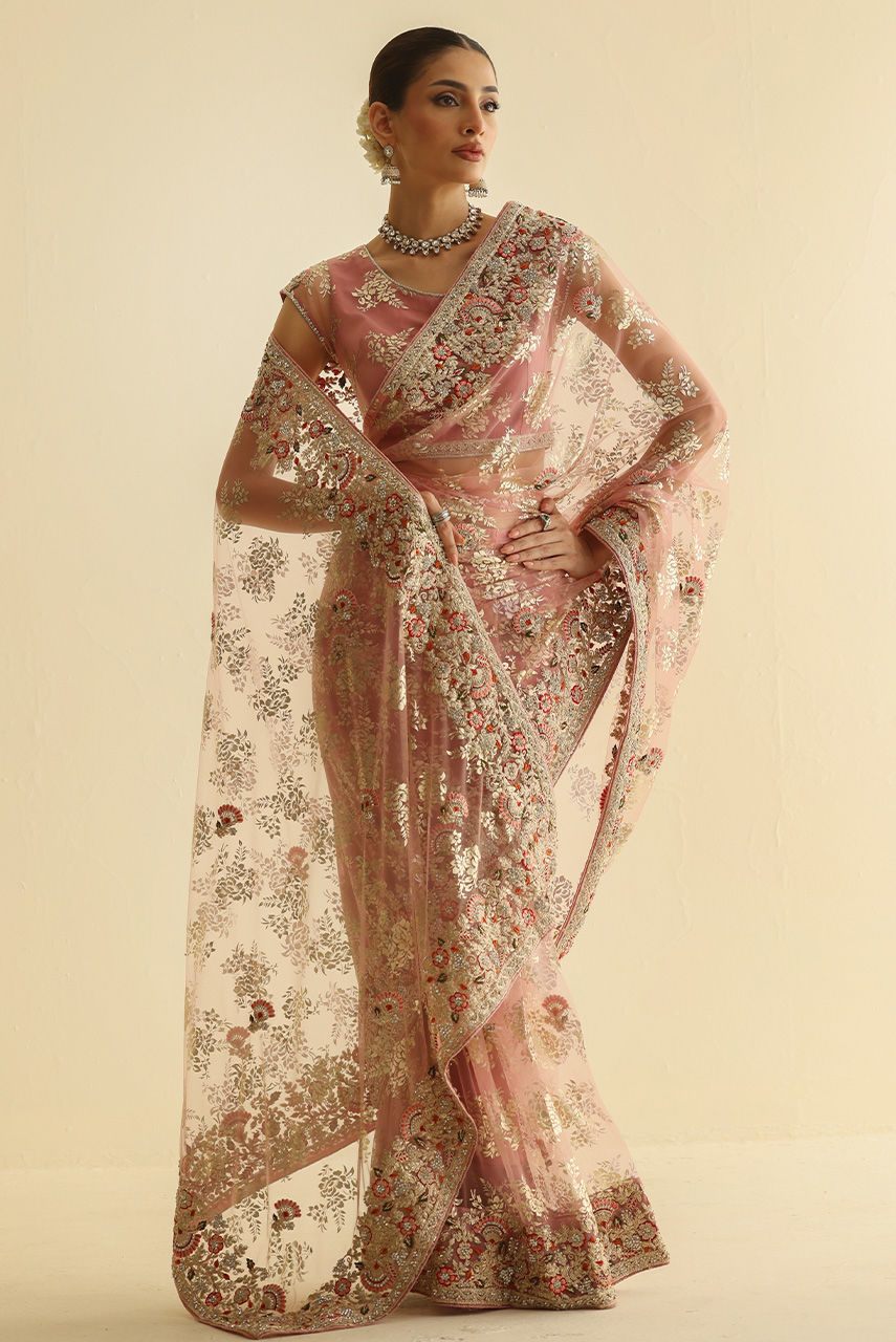 Pakistani Blush Pink Embellished French Net Sari (2-Piece) - Image 7