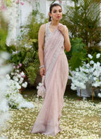 Pakistani Blush Pink Hand-Embellished Georgette Saree (2-Piece) - Image 2