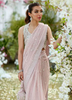 Pakistani Blush Pink Hand-Embellished Georgette Saree (2-Piece) - Image 3