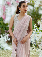 Pakistani Blush Pink Hand-Embellished Georgette Saree (2-Piece) - Image 4