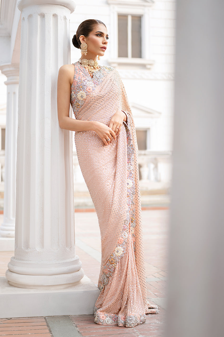 Indian Peach Hand-Embroidered Georgette & Chiffon Saree (2-Piece) - Image 1
