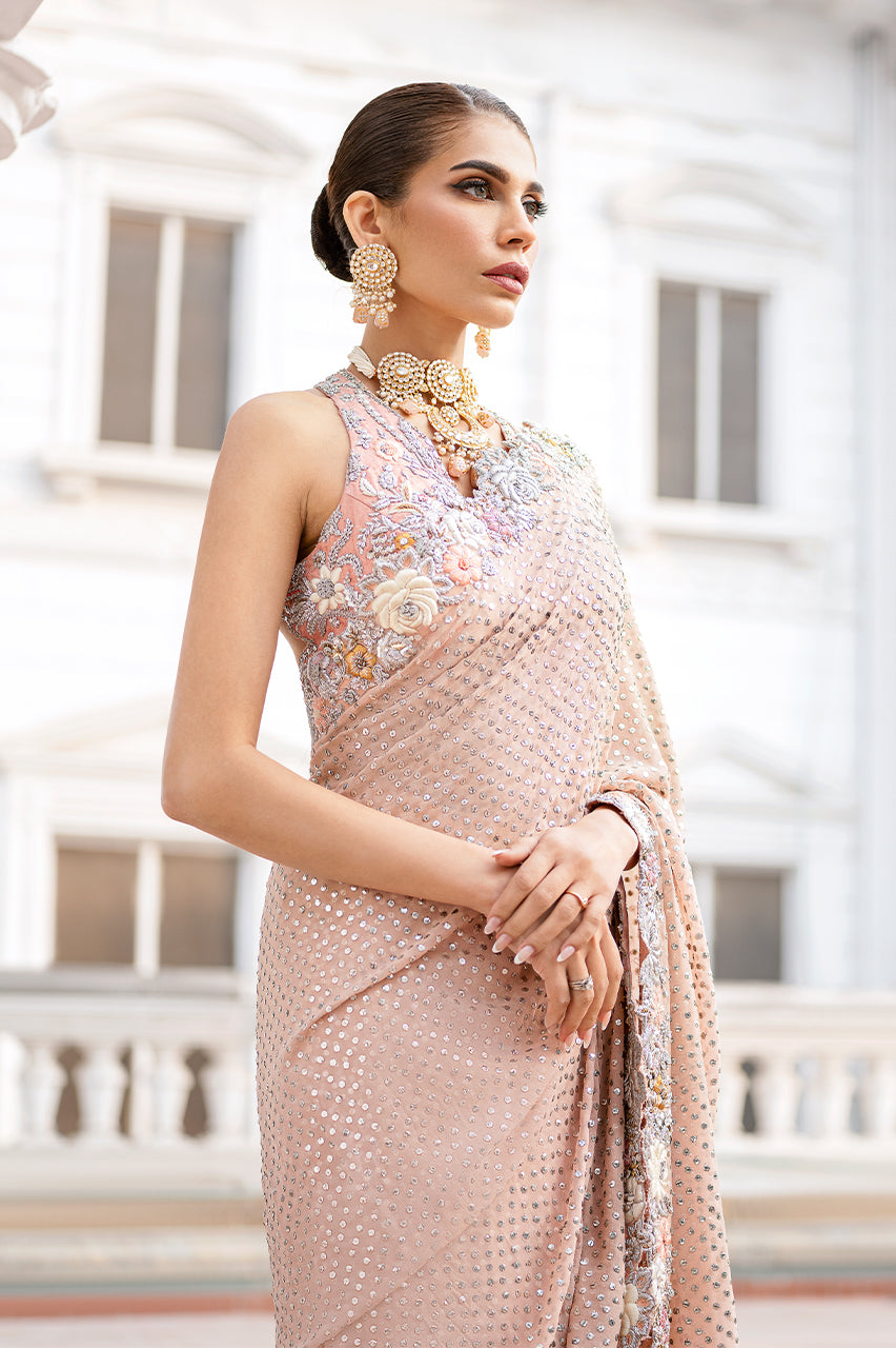 Indian Peach Hand-Embroidered Georgette & Chiffon Saree (2-Piece) - Image 3