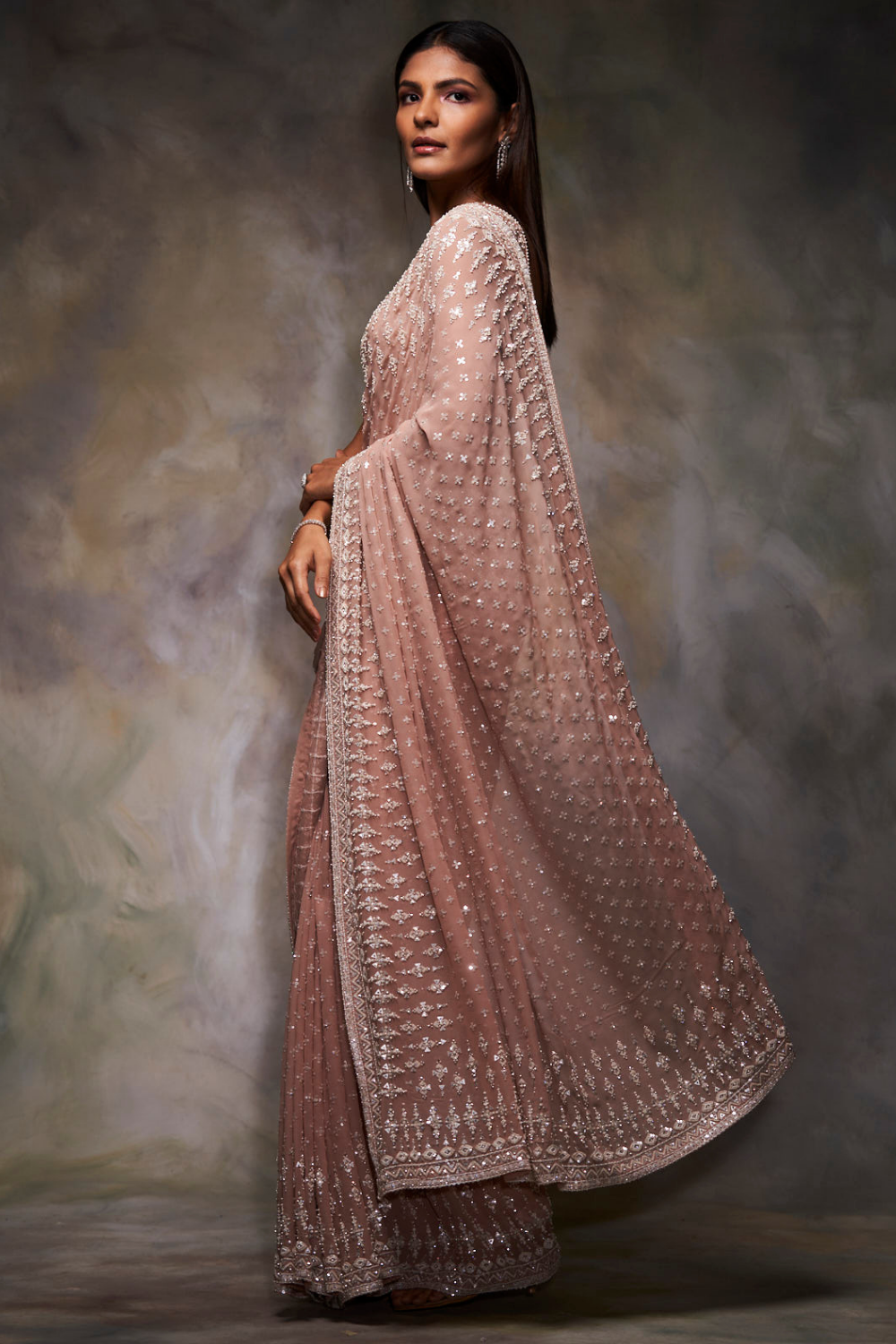 Peach Sequin Embroidered Georgette Saree (2-Piece) - Image 3