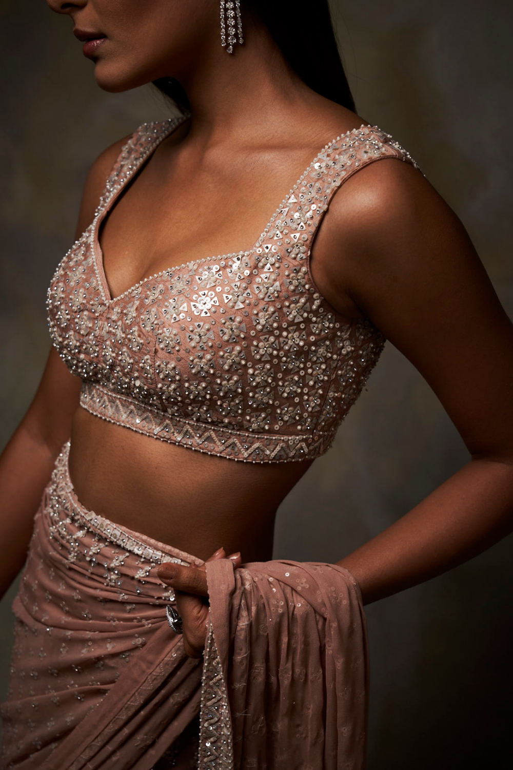 Peach Sequin Embroidered Georgette Saree (2-Piece) - Image 6