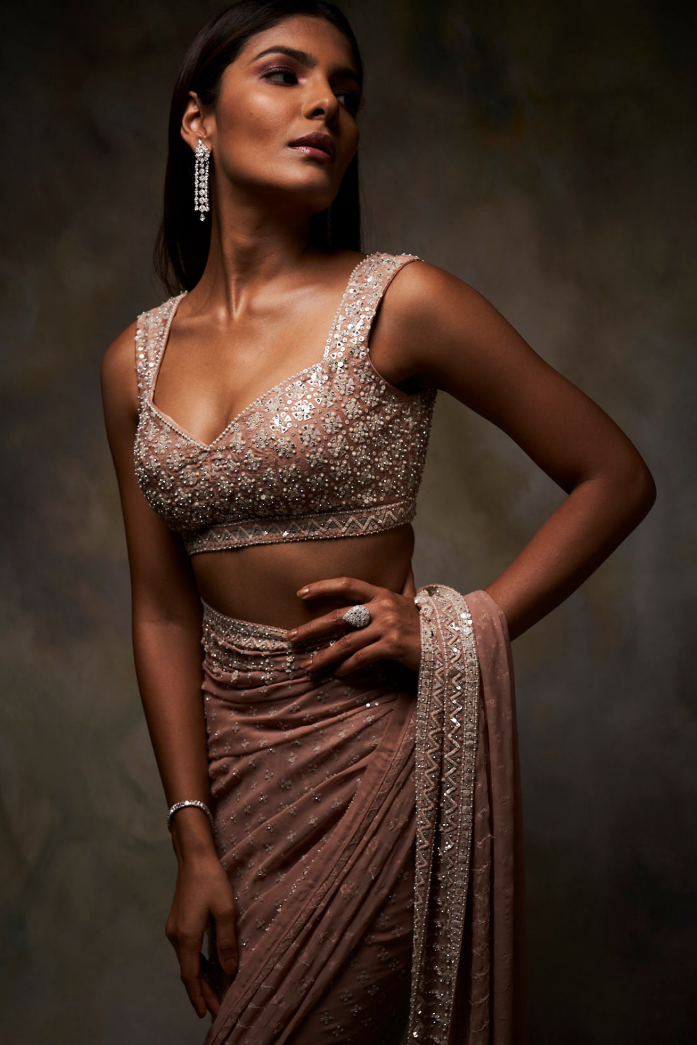 Peach Sequin Embroidered Georgette Saree (2-Piece) - Image 7