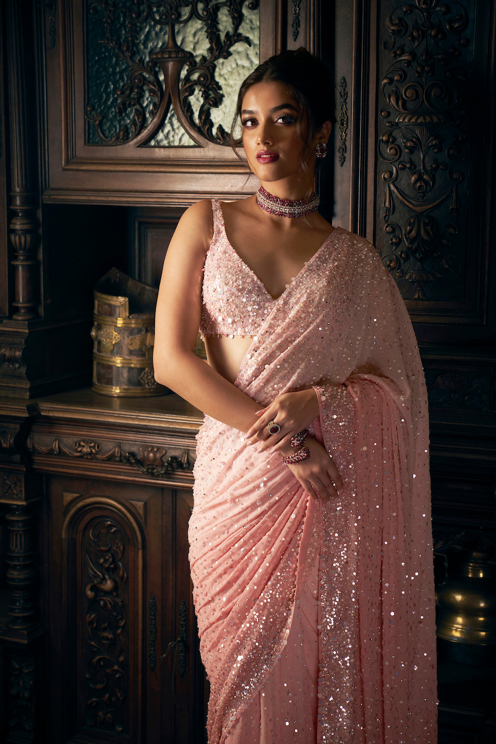 Ombre Pink Sequin Georgette Saree (2-Piece) - Image 3