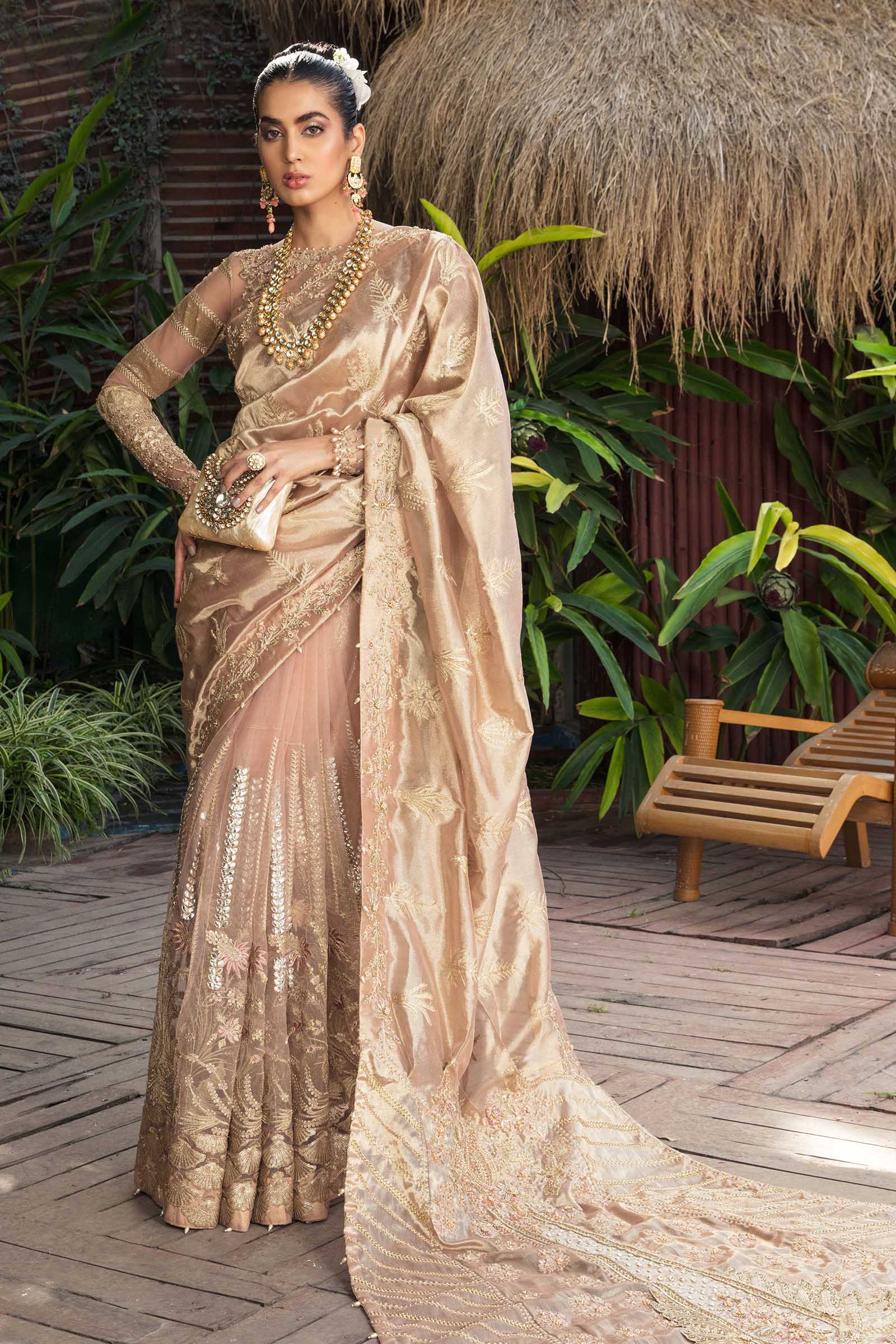 Soft Pink Hand-Embroidered Net & Tissue Saree (3-Piece) - Image 1