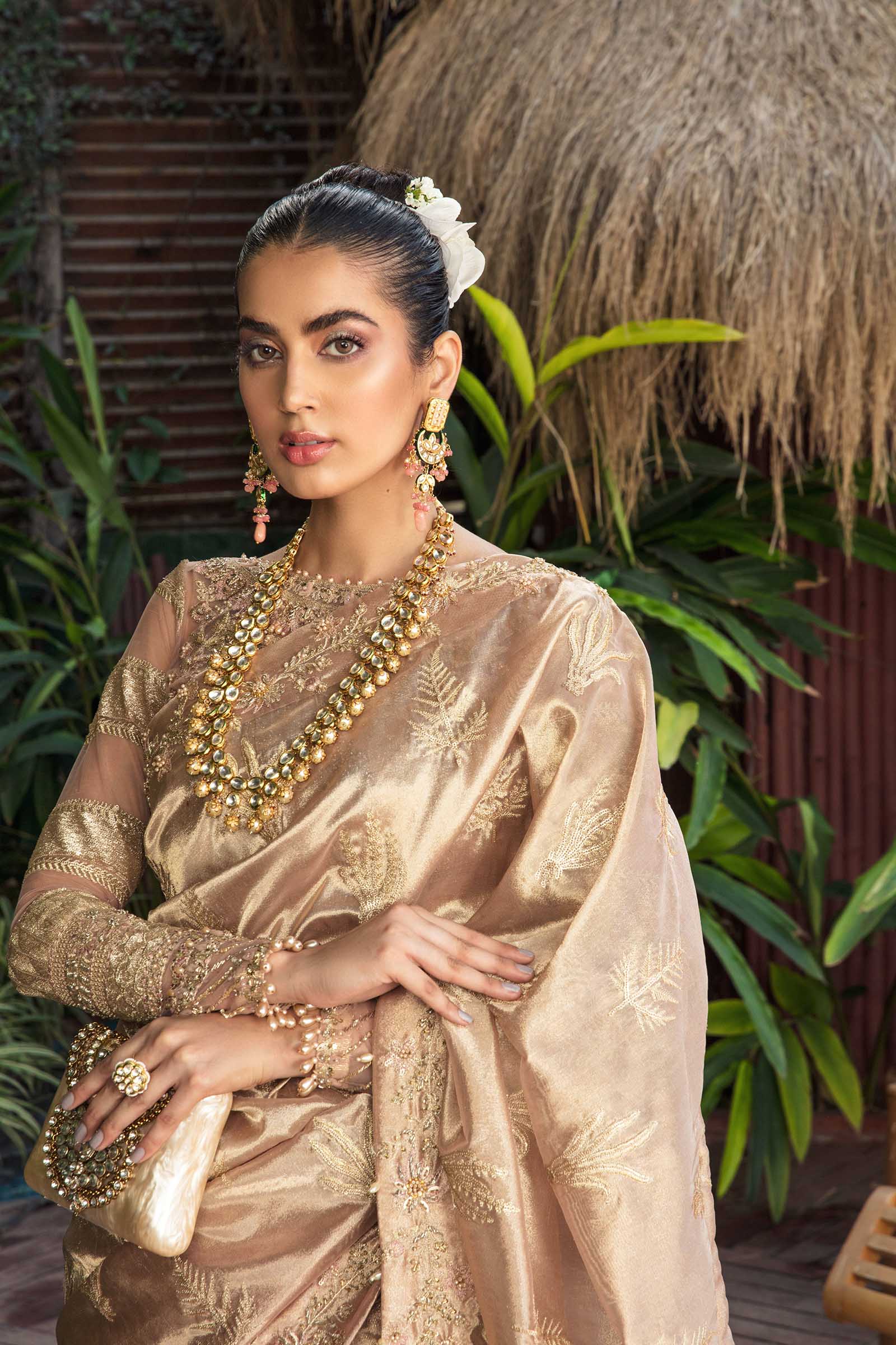 Soft Pink Hand-Embroidered Net & Tissue Saree (3-Piece) - Image 2