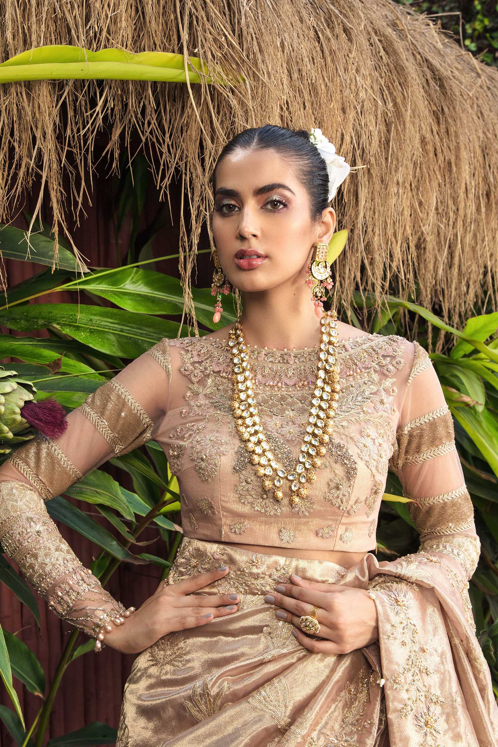 Soft Pink Hand-Embroidered Net & Tissue Saree (3-Piece) - Image 5