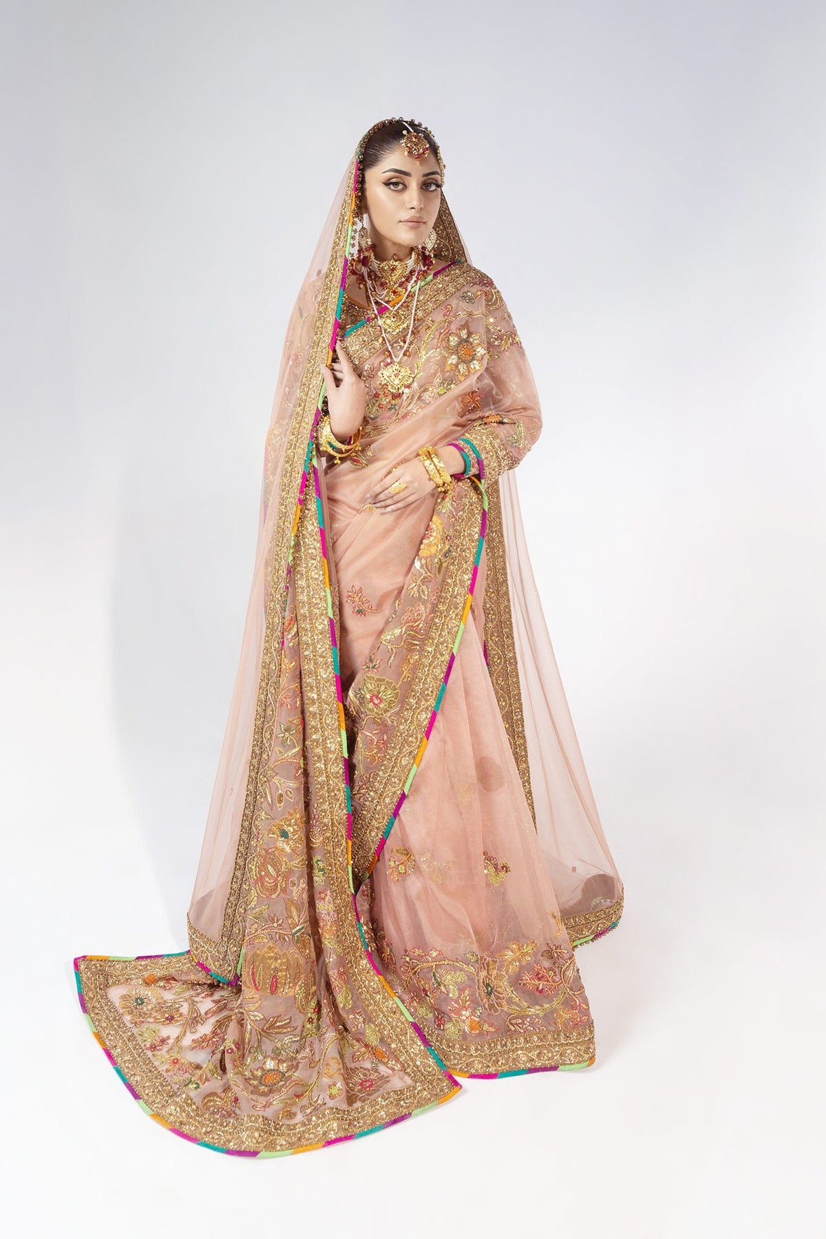 Pakistani Blush Pink Zardozi Jacquard Saree (3-Piece) - Image 1