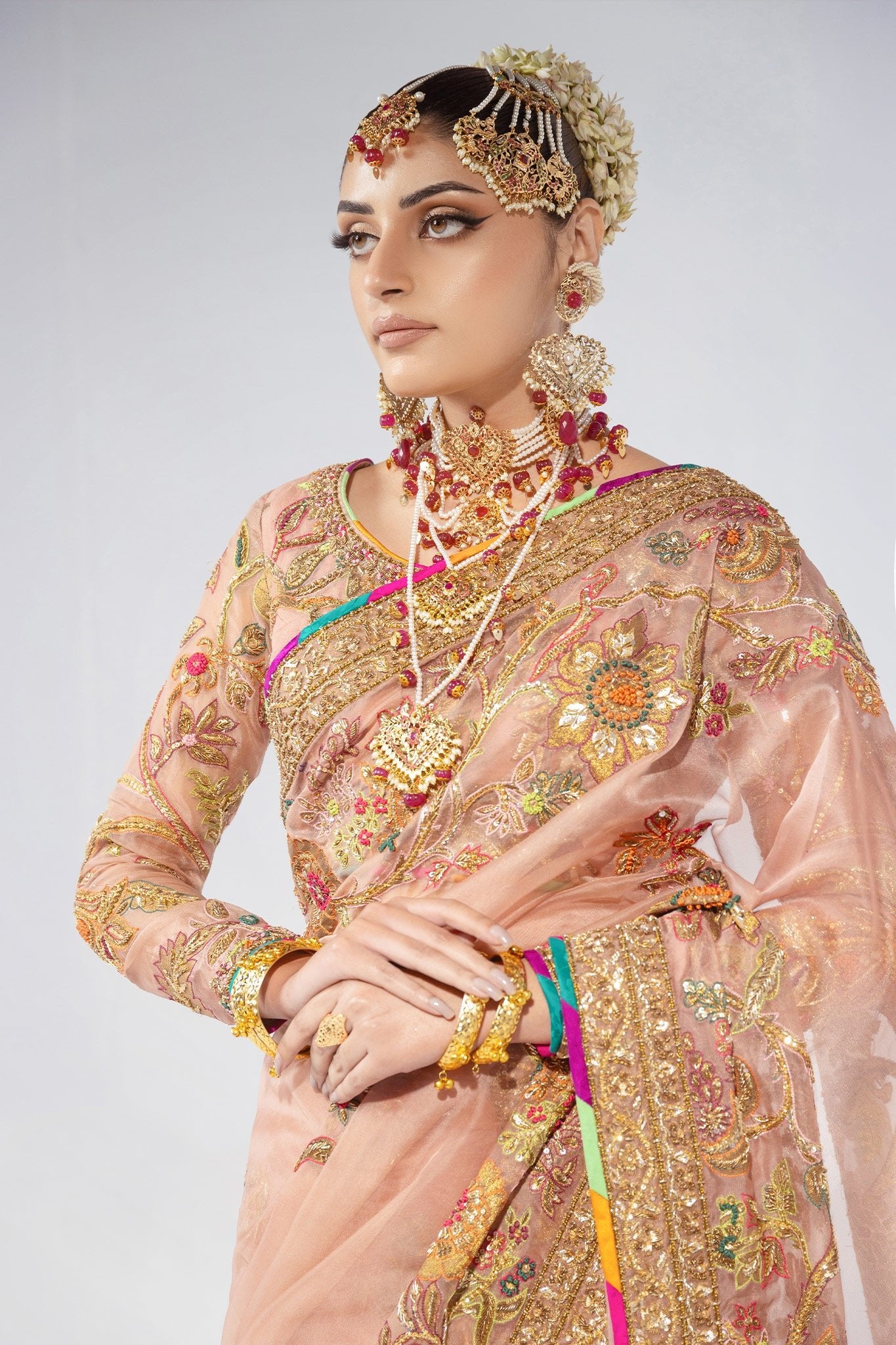 Pakistani Blush Pink Zardozi Jacquard Saree (3-Piece) - Image 3