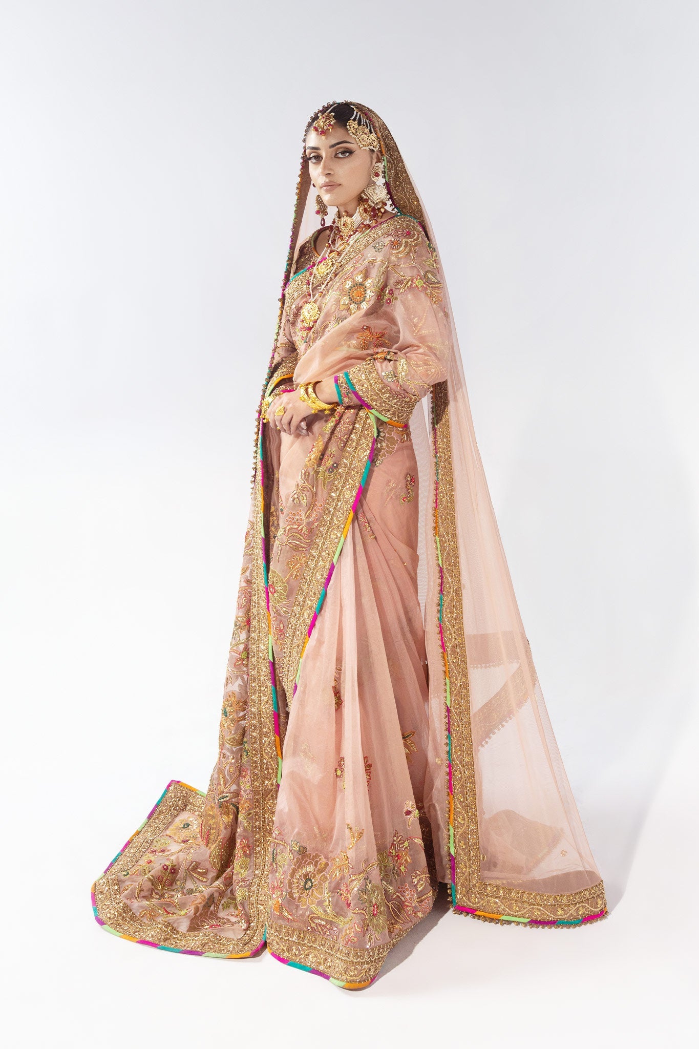 Pakistani Blush Pink Zardozi Jacquard Saree (3-Piece) - Image 4