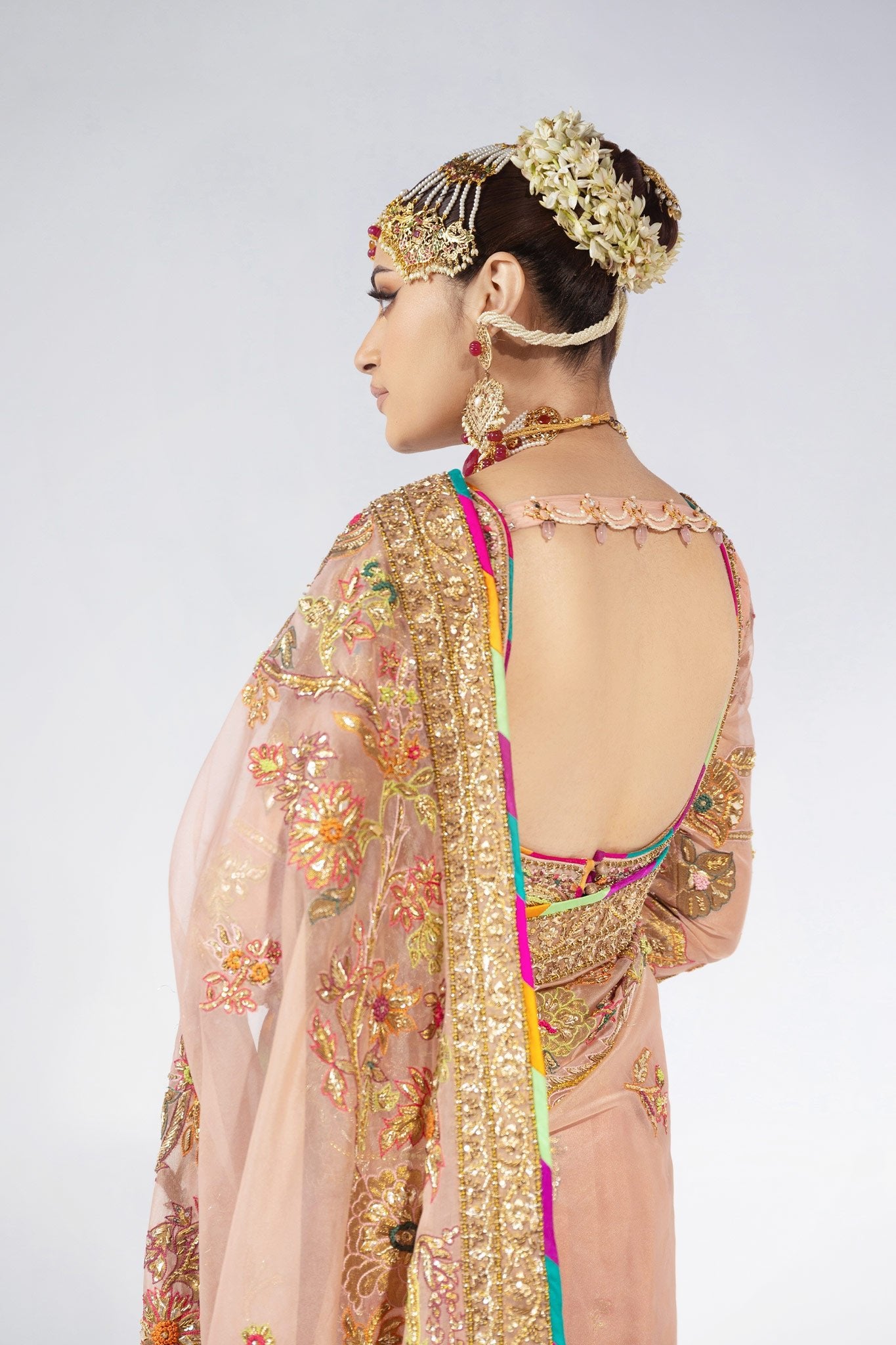 Pakistani Blush Pink Zardozi Jacquard Saree (3-Piece) - Image 5