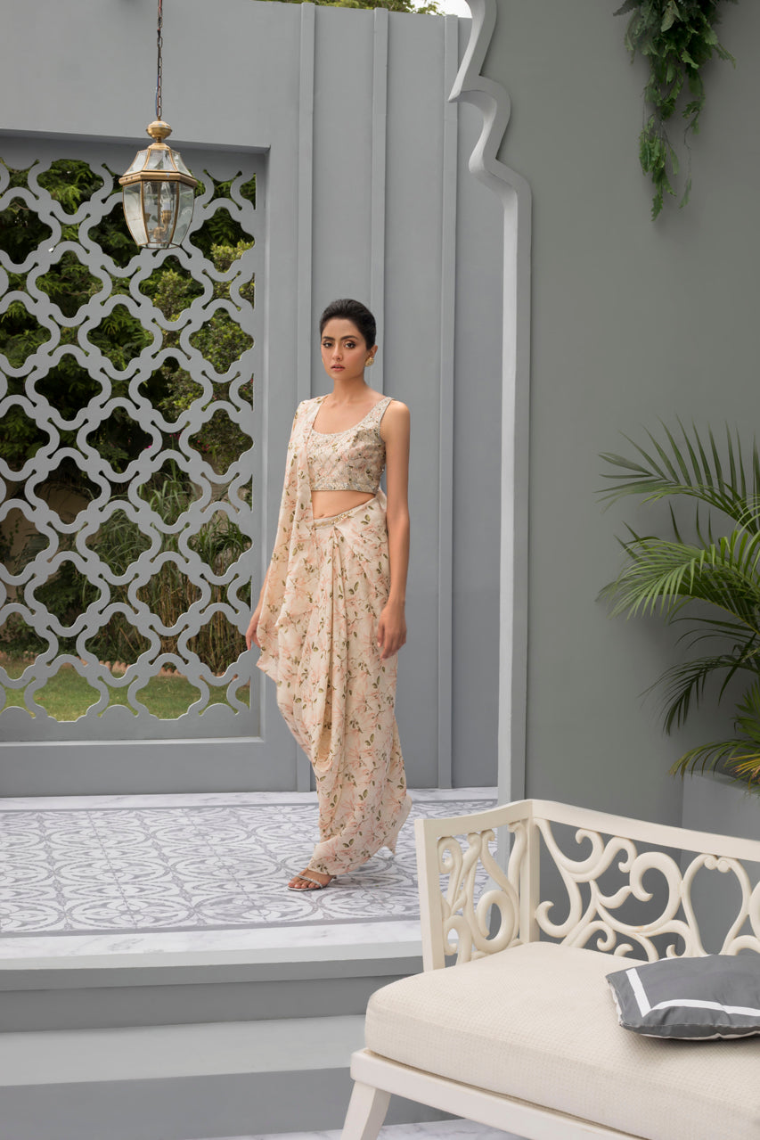 Pink & Beige Gota Khaddi Silk Draped Sari (2-Piece) - Image 2