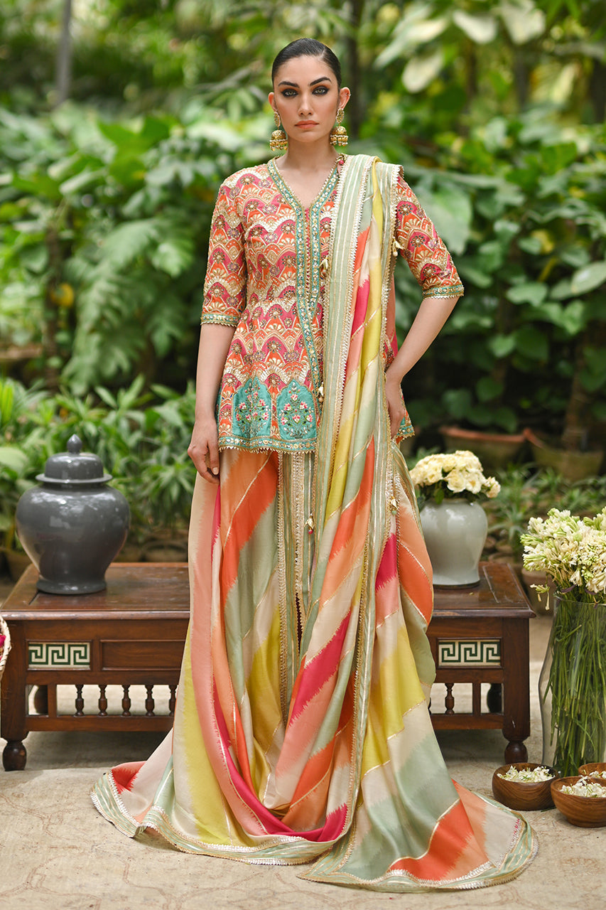 Peach Gota Embroidered Khaddi Silk Peplum Saree (2-Piece) - Image 1