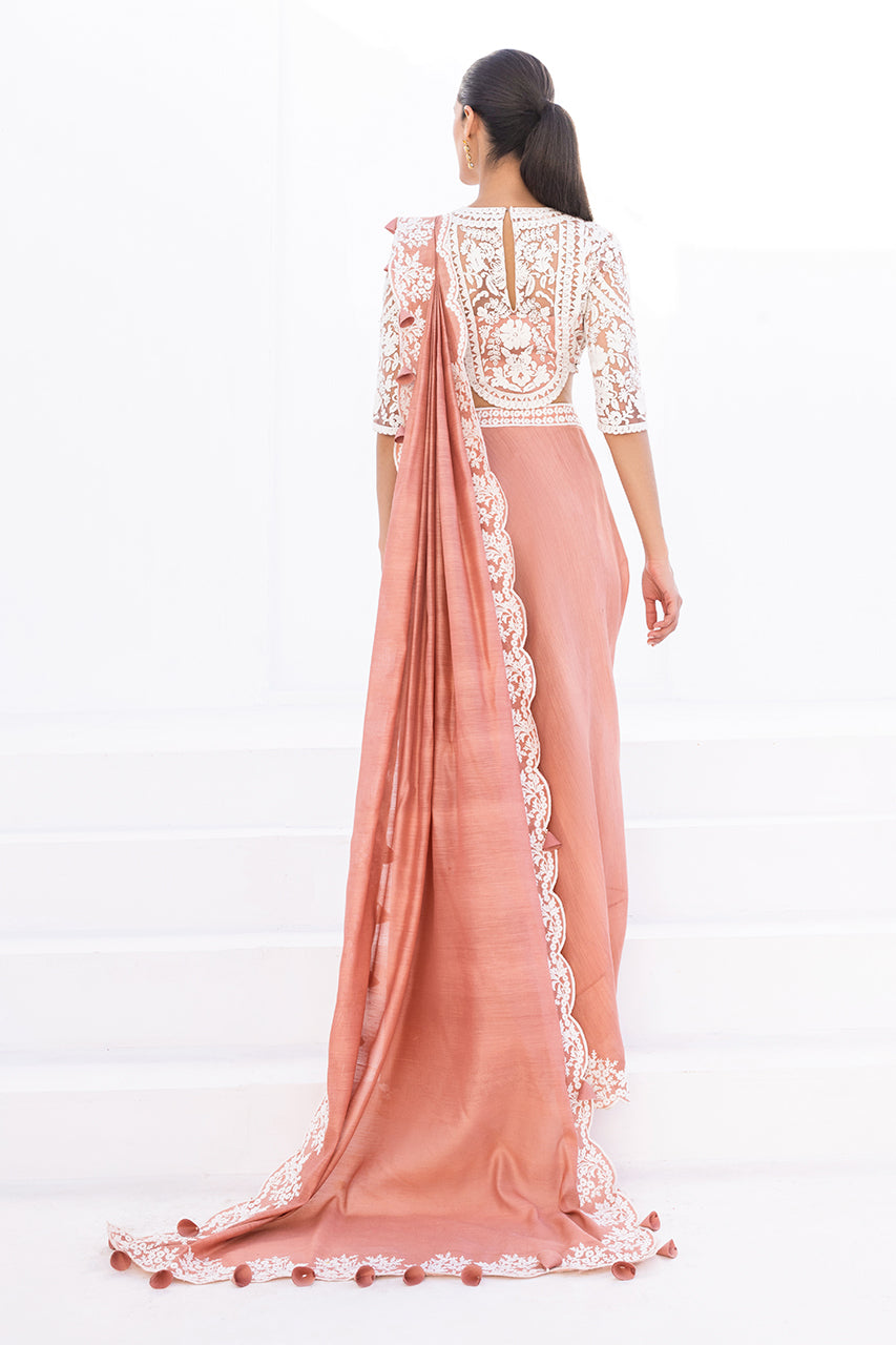 Salmon Pink Embroidered Net & Khaddi Silk Saree (2-Piece) - Image 2