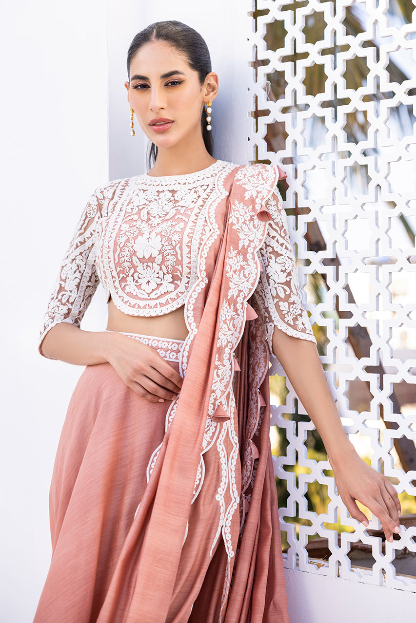 Salmon Pink Embroidered Net & Khaddi Silk Saree (2-Piece) - Image 3