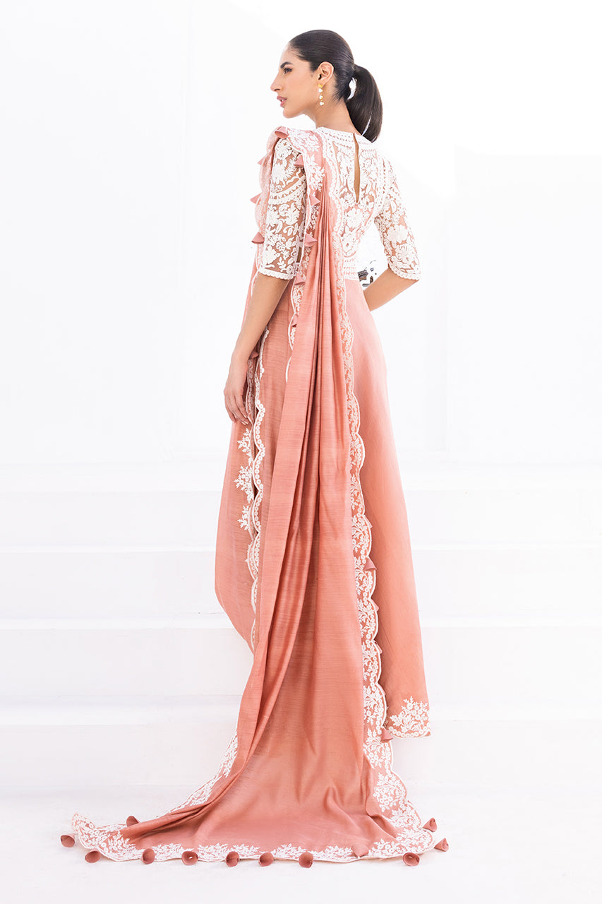 Salmon Pink Embroidered Net & Khaddi Silk Saree (2-Piece) - Image 6