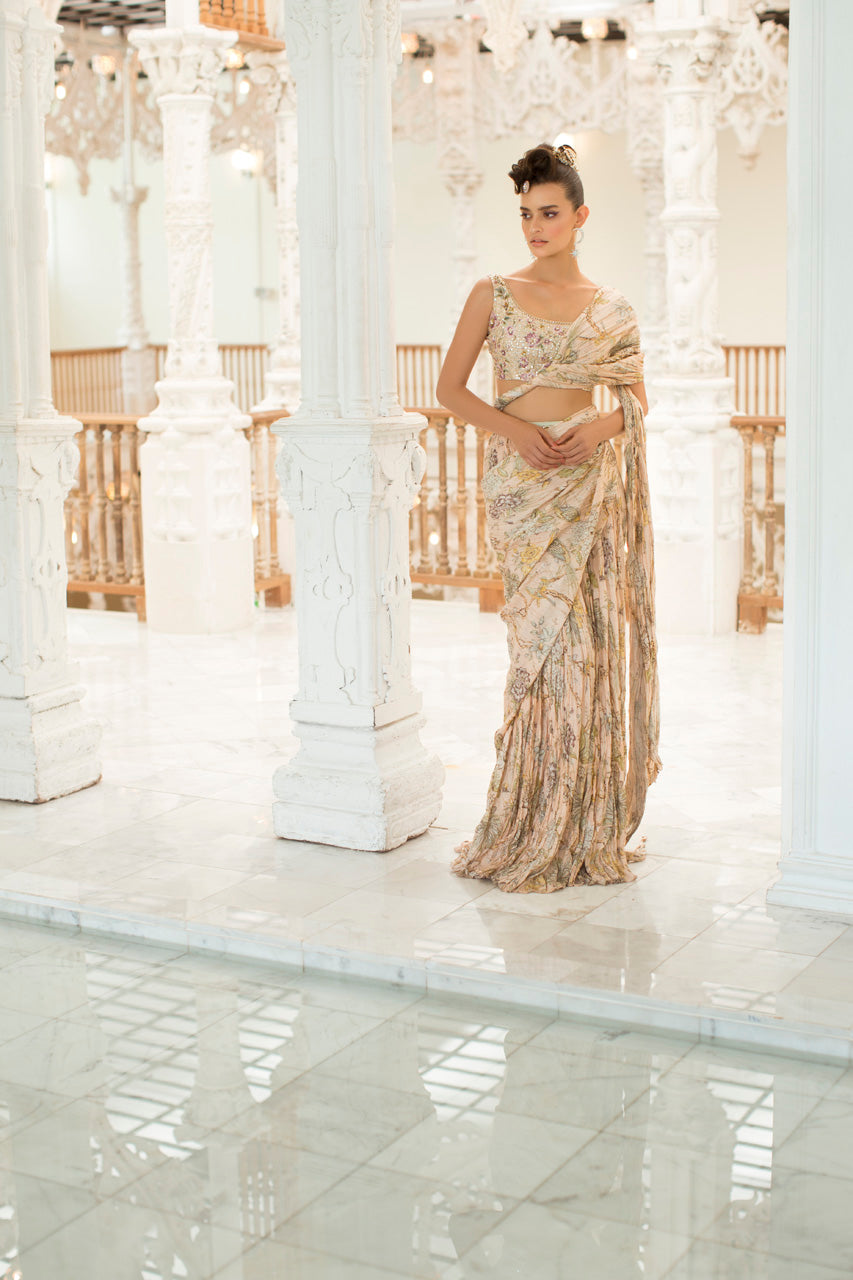 Pakistani Blush Embroidered Khaddi Silk Saree (2-Piece) - Image 1