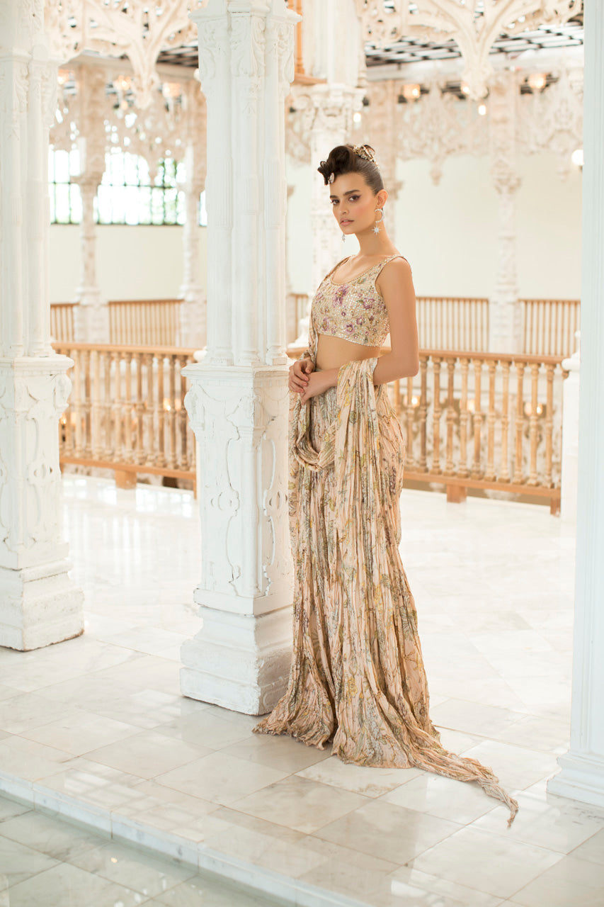 Pakistani Blush Embroidered Khaddi Silk Saree (2-Piece) - Image 2