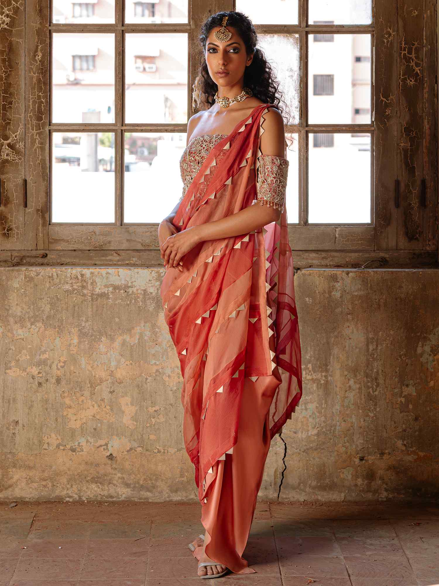 Pakistani Peach-Pink Cutwork Khadi & Satin Silk Saree (2-Piece) - Image 1