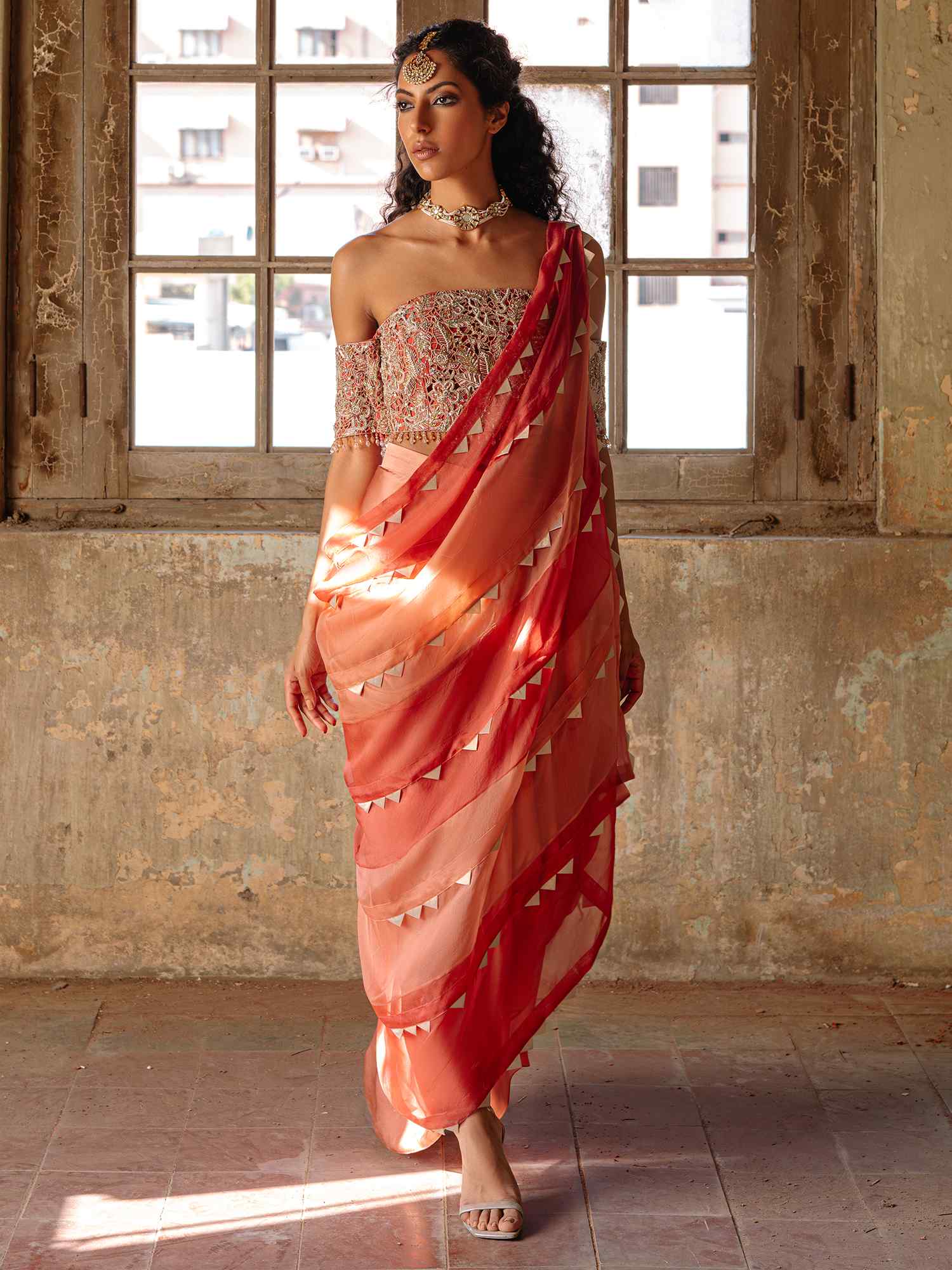 Pakistani Peach-Pink Cutwork Khadi & Satin Silk Saree (2-Piece) - Image 3
