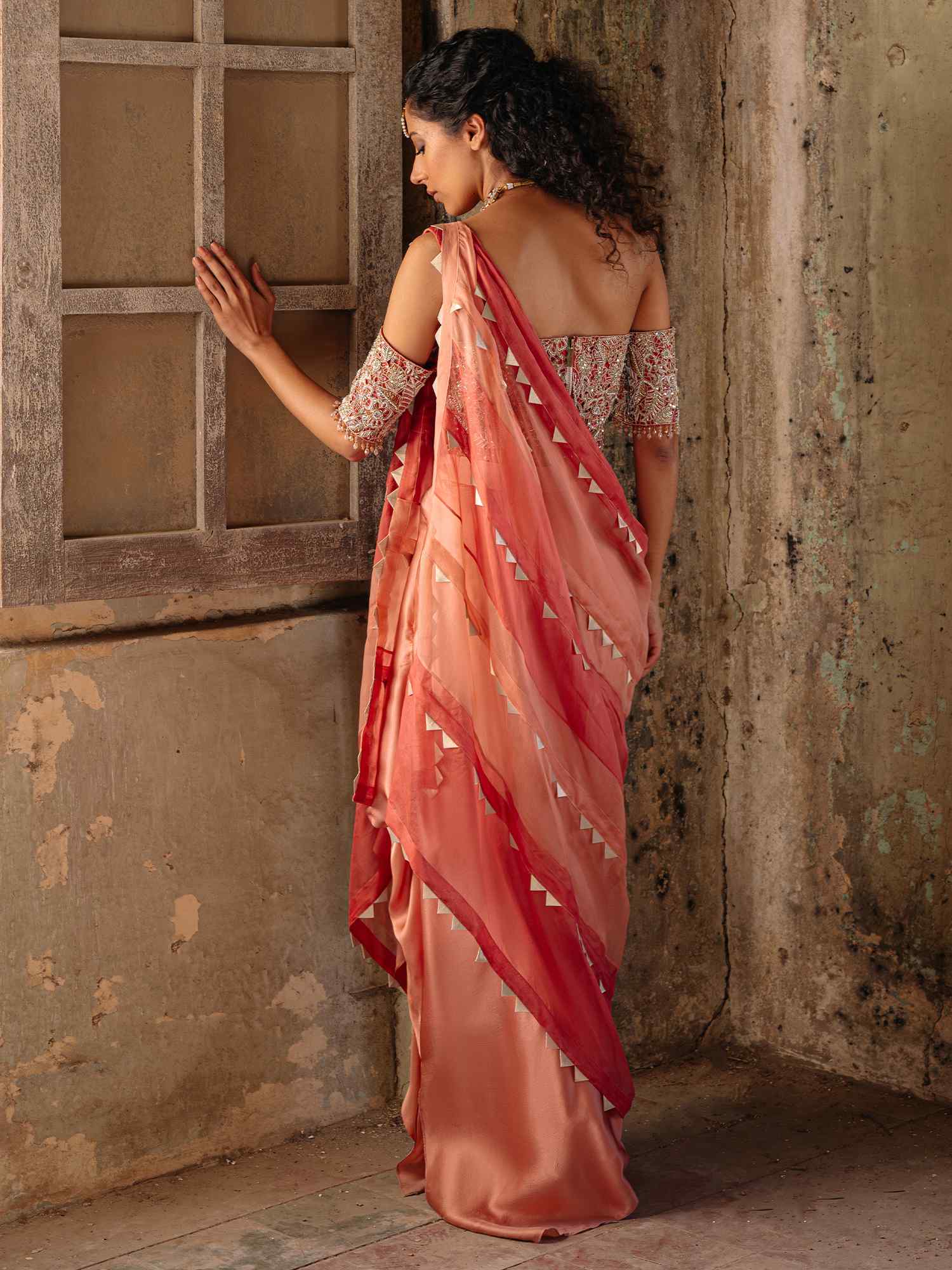 Pakistani Peach-Pink Cutwork Khadi & Satin Silk Saree (2-Piece) - Image 4