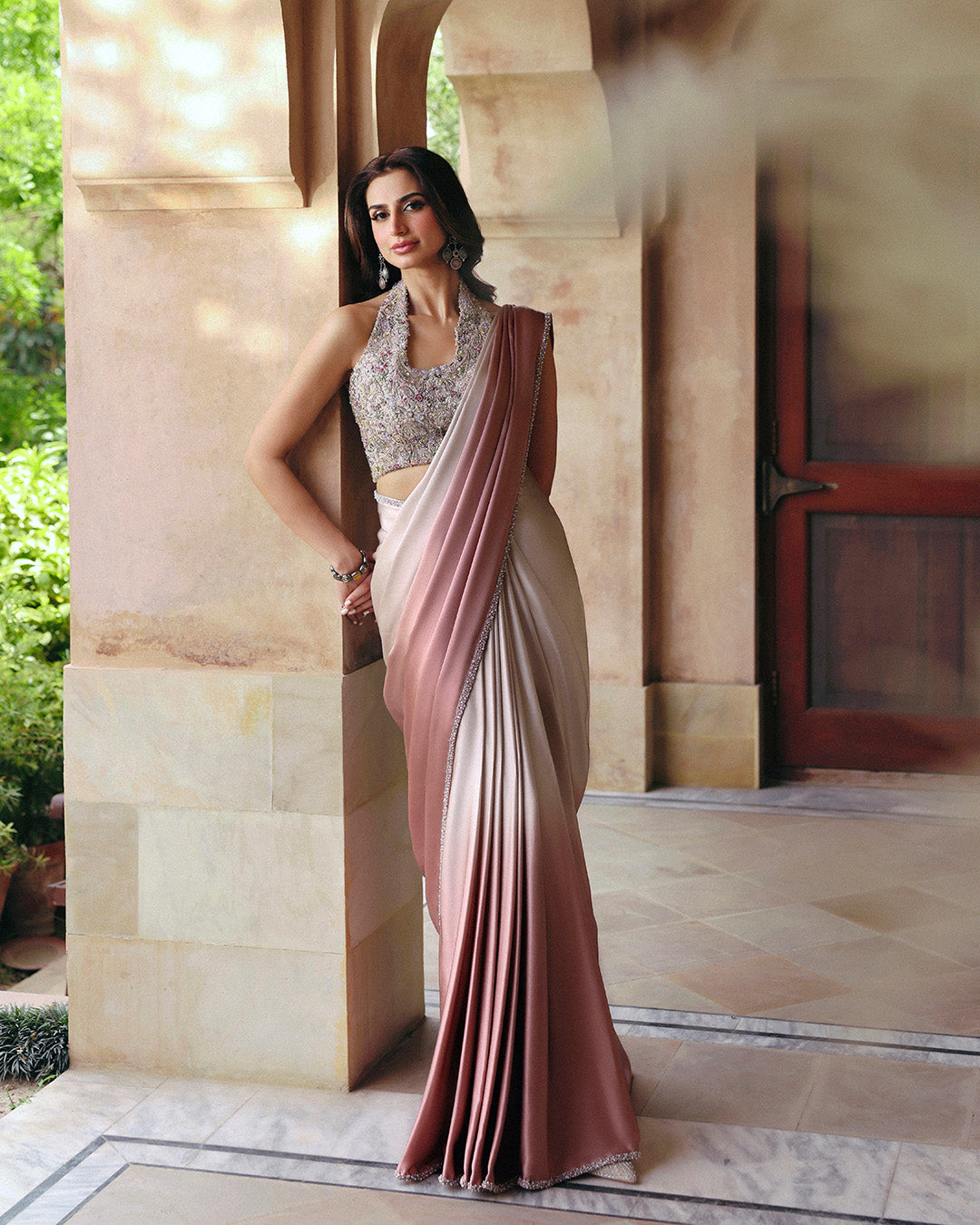 Pakistani Ombre Pink & Crème Embellished Silk Saree (2-Piece) - Image 1