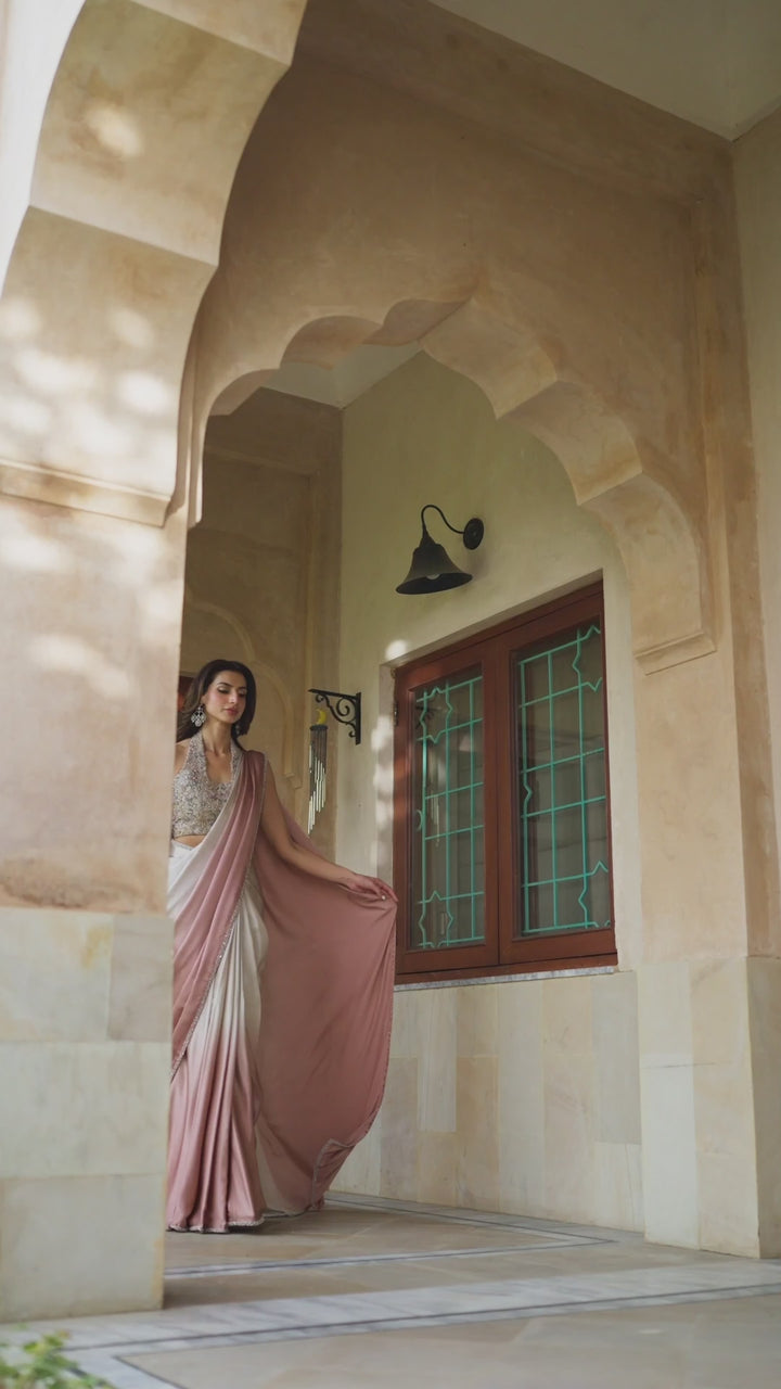 Pakistani Ombre Pink & Crème Embellished Silk Saree (2-Piece) - Image 10
