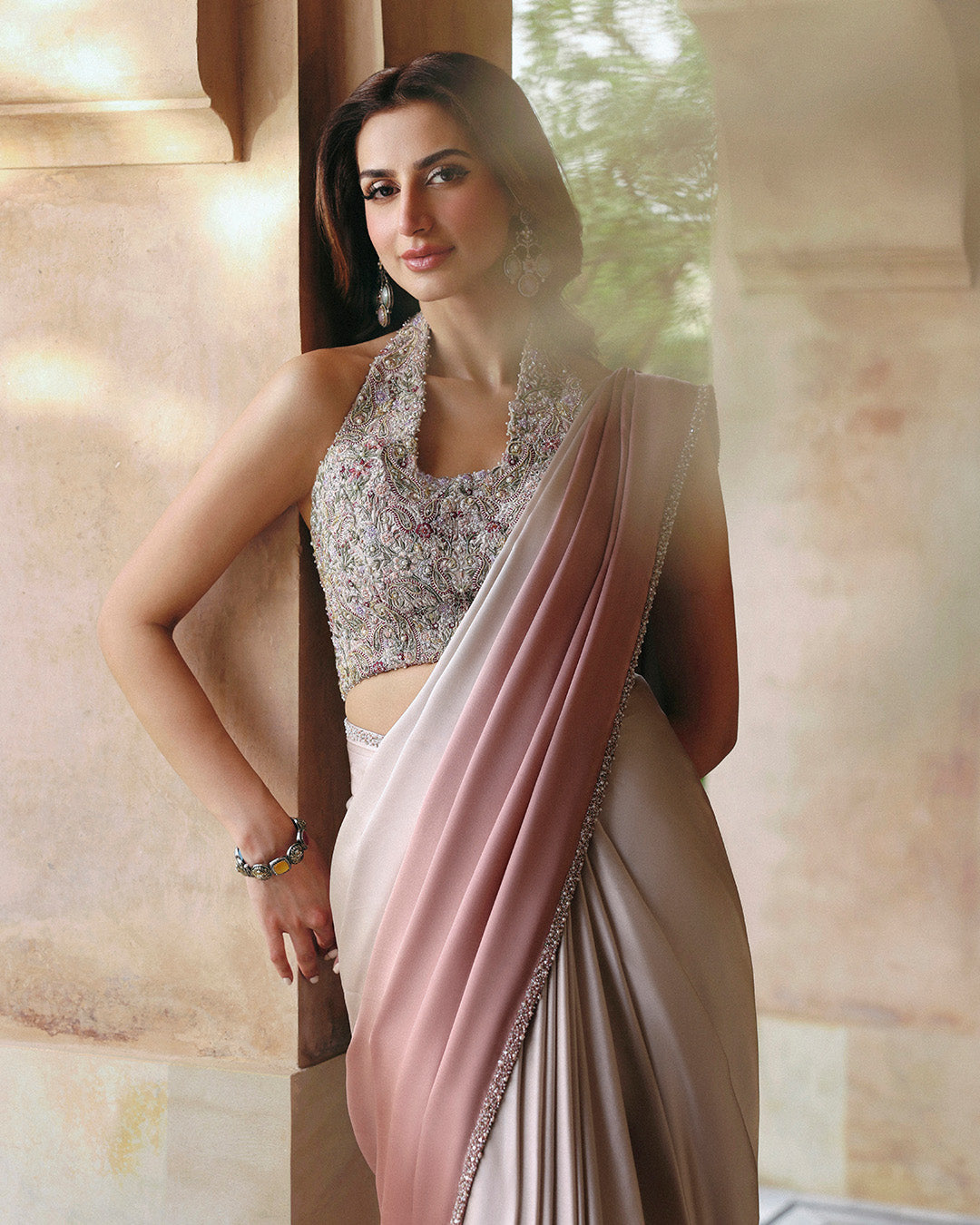 Pakistani Ombre Pink & Crème Embellished Silk Saree (2-Piece) - Image 6