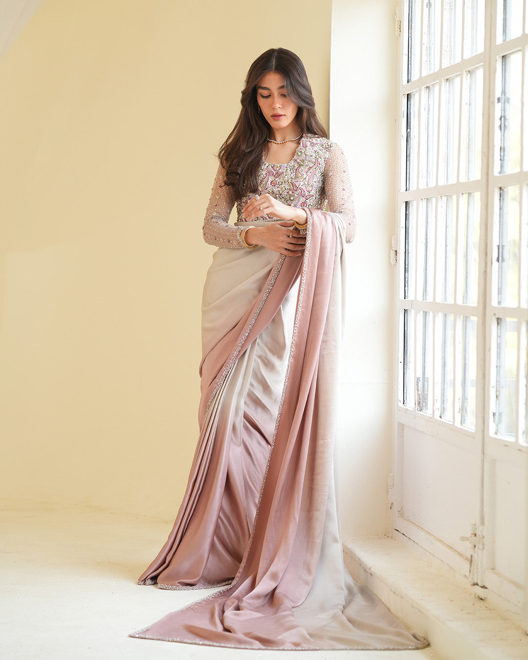 Pakistani Ombre Pink & Crème Embellished Silk Saree (2-Piece) - Image 7