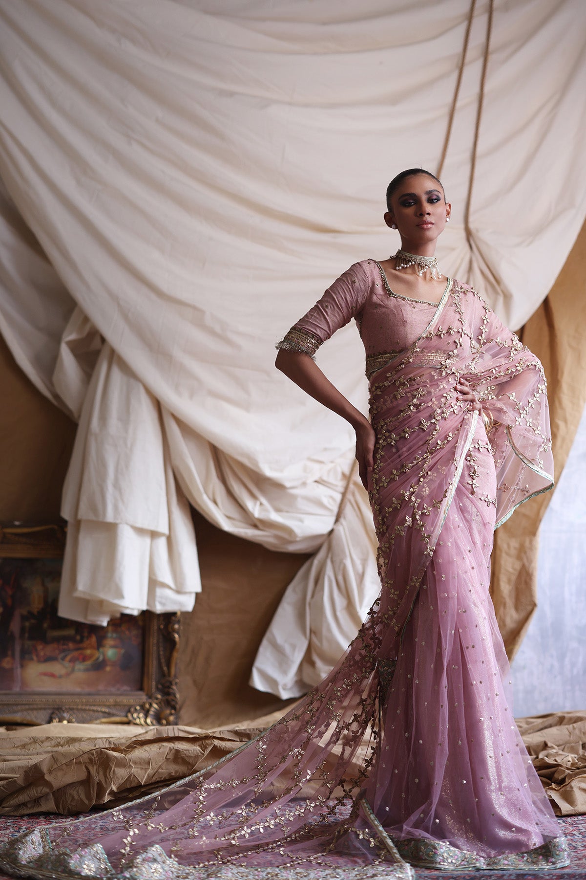 Pakistani Dusty Pink Zardozi Korean Silk & Net Saree (3-Piece) - Image 1